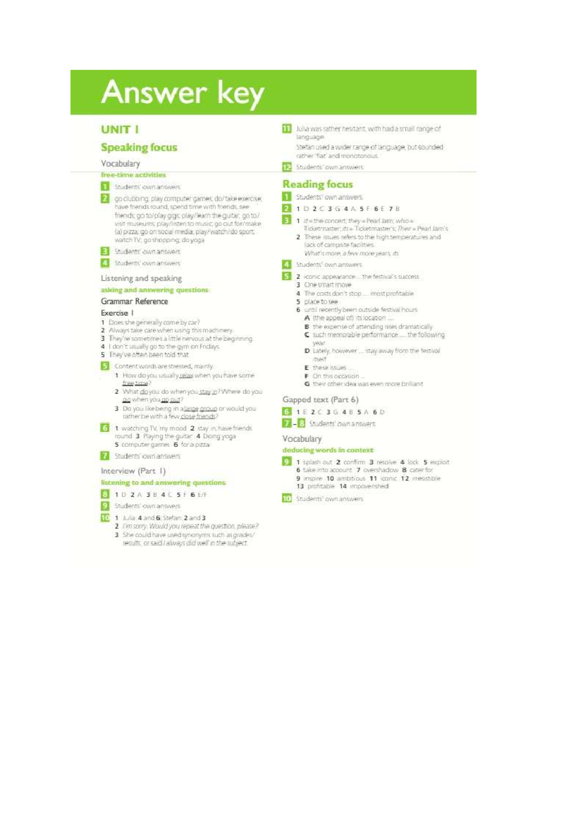 Gold First Coursebook Answer Key: Unit I Answers and Insights - Studocu