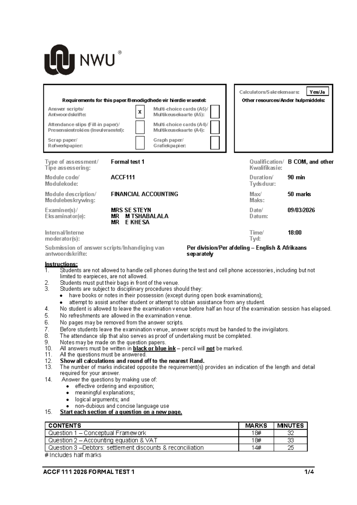 ACCF 111 2026 TEST 1: Financial Accounting Exam Paper - Studocu