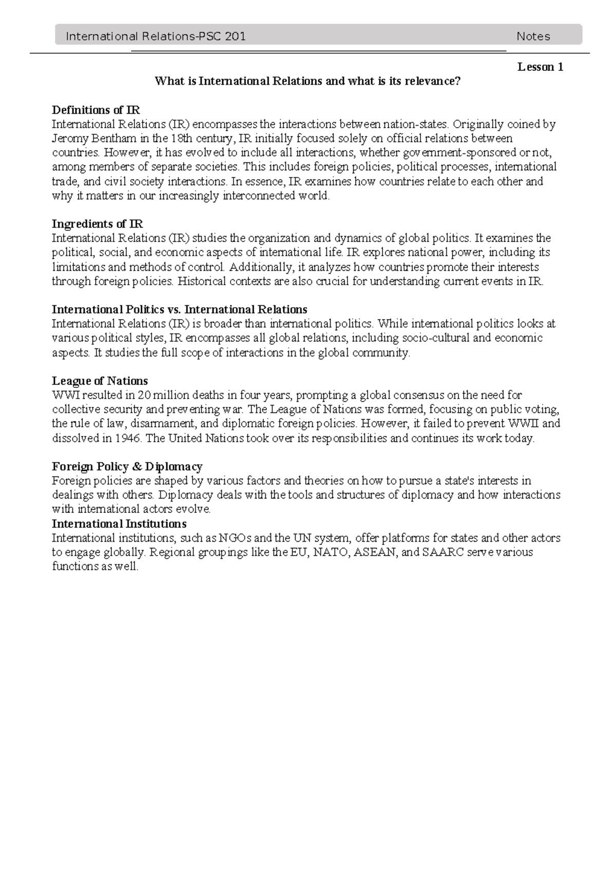 PSC201 Lesson Notes: Understanding International Relations Concepts ...