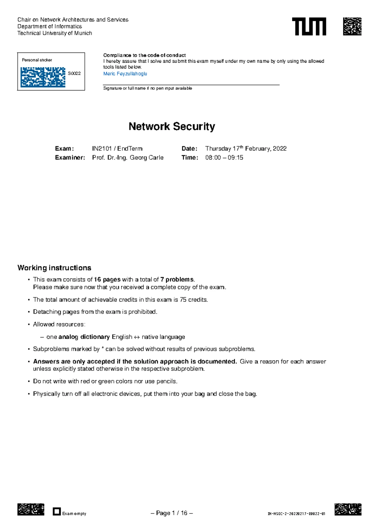 Netsec 3 - Exercise 3: Network Security Exam Overview - Studocu