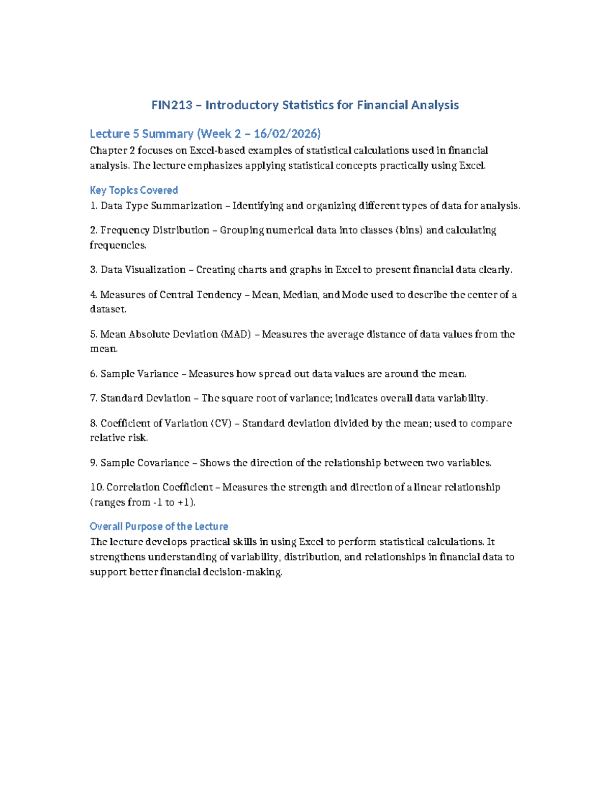 FIN213 Introductory Statistics for Financial Analysis Lecture 5 Summary ...