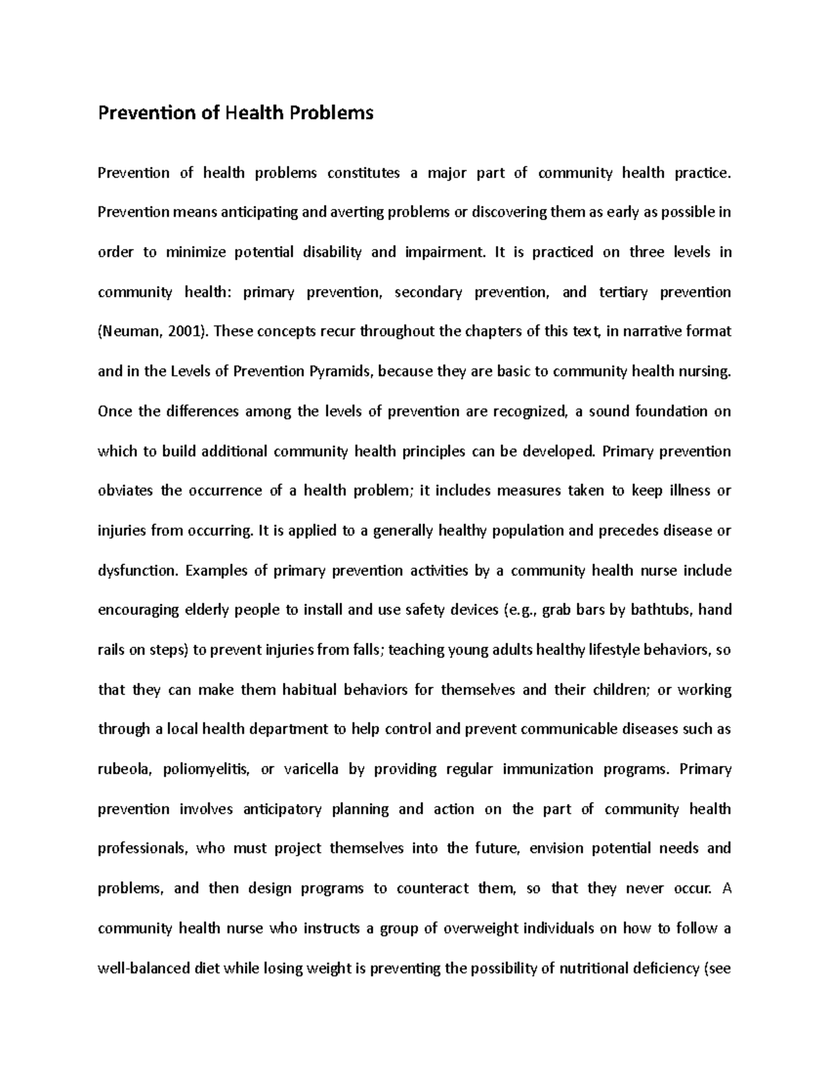 Prevention of Health Problems - Prevention of Health Problems ...