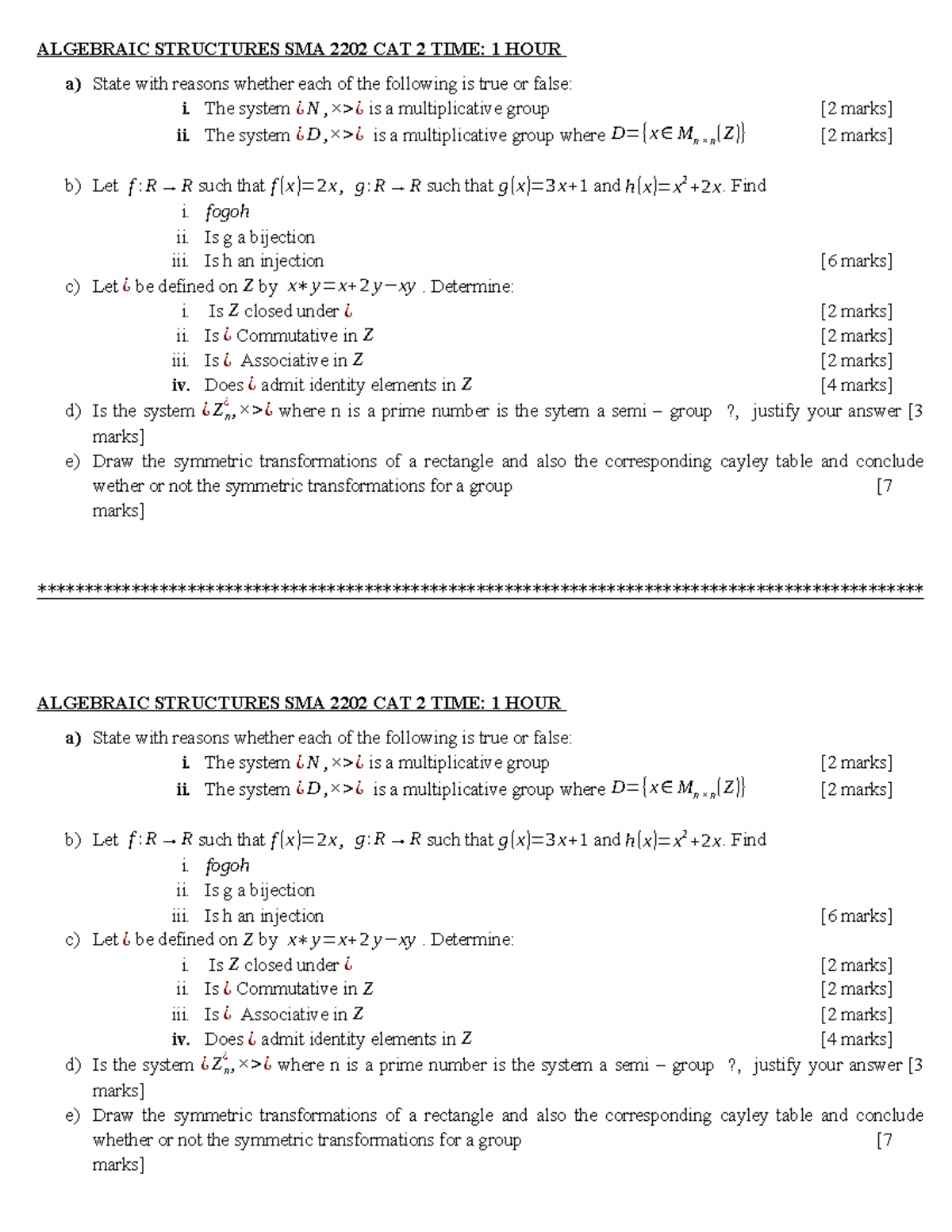 Algebraic Structures SMA 2202 CAT 2 Exam Questions and Solutions - Studocu
