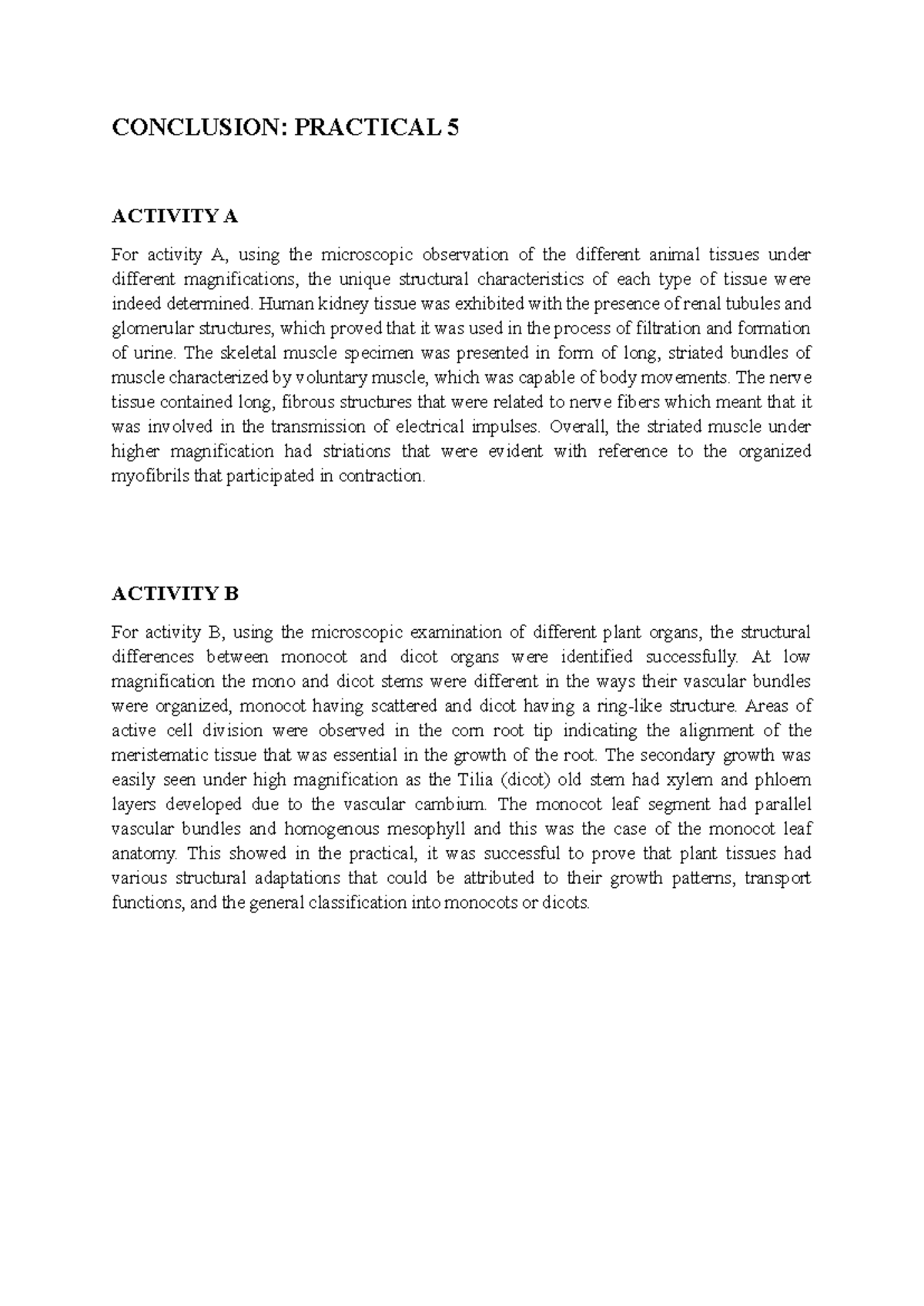 Conclusion: Practical 5 Activity A & B - Microscopic Observations - Studocu