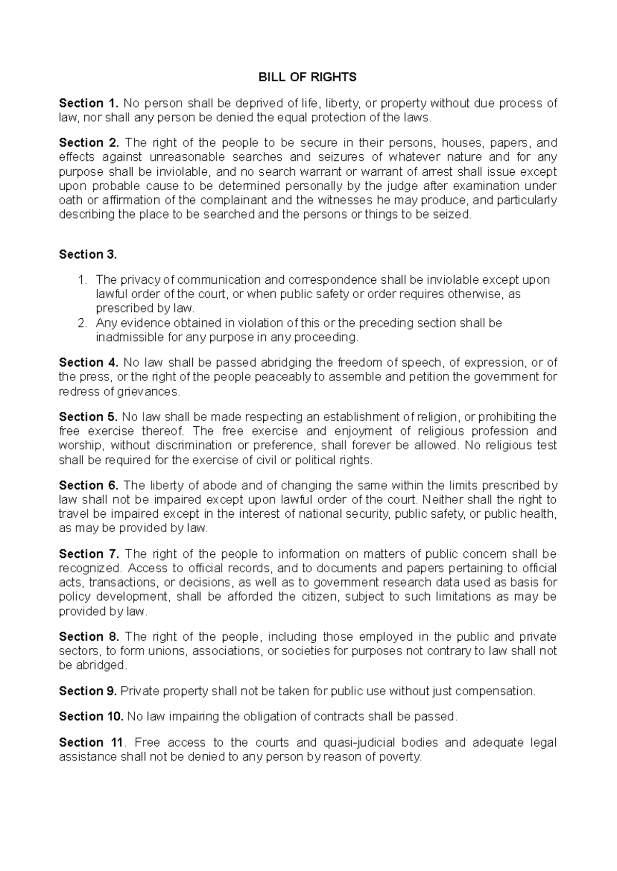 BILL OF RIGHTS Overview and Key Provisions - Studocu
