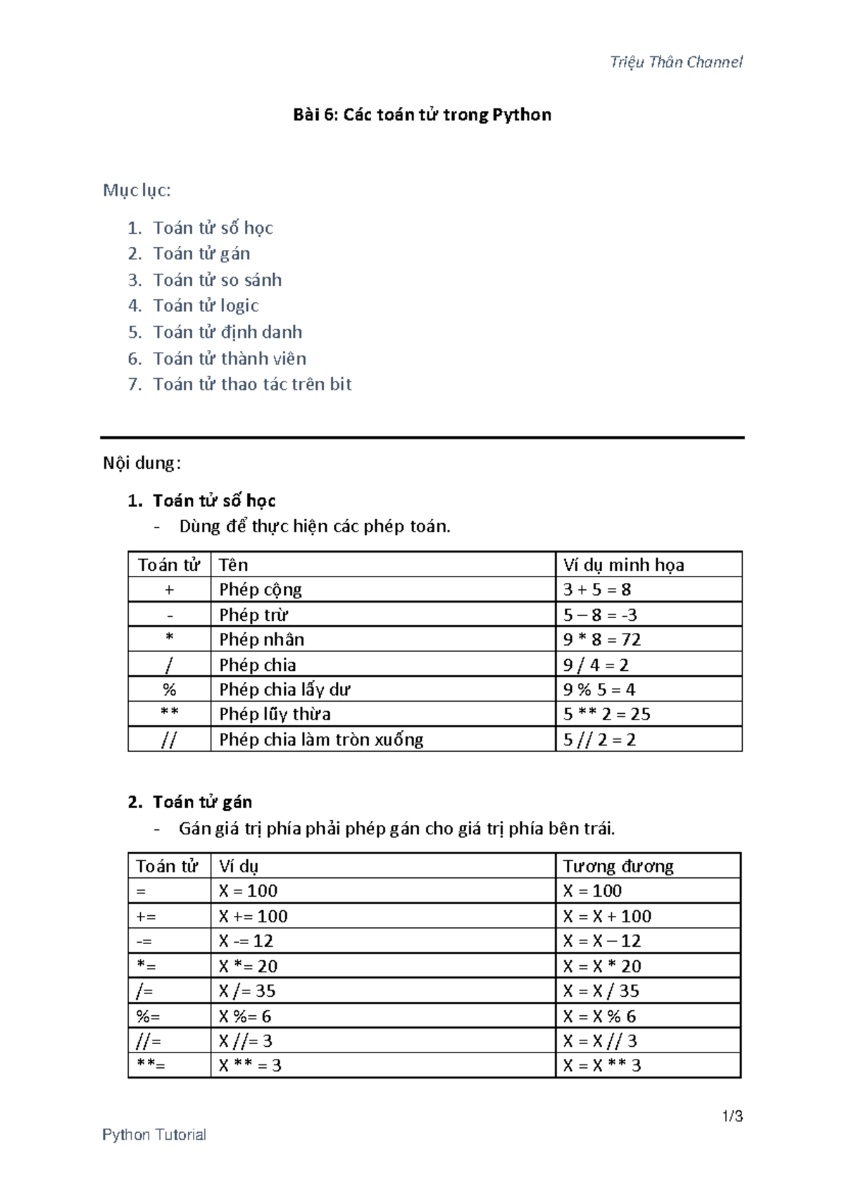 Bài 6 Các toán tử trong Python - Triệu Th‚n Channel 1/ Python Tutorial ...