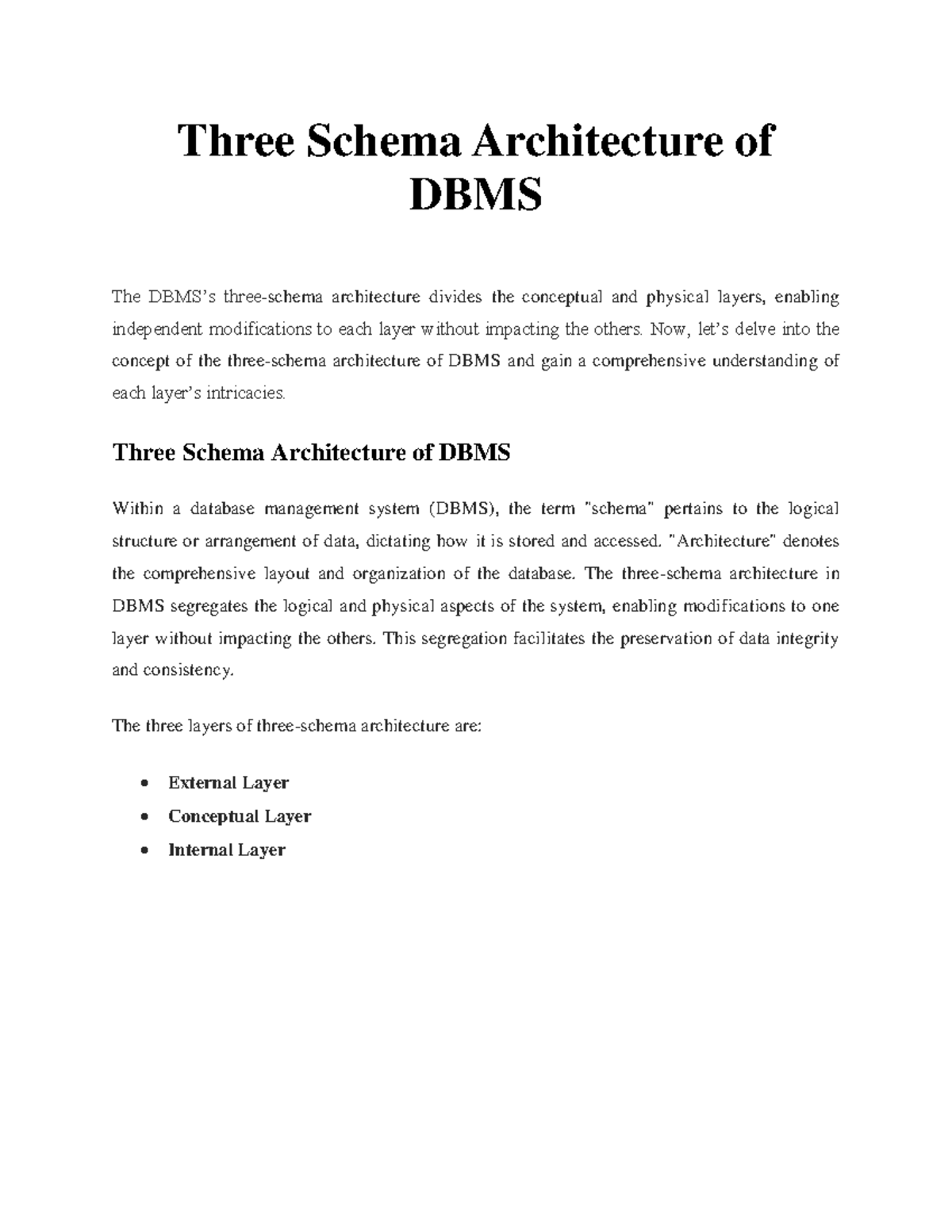 Self-Reading - Three Schema Architecture of DBMS The DBMS’s three ...