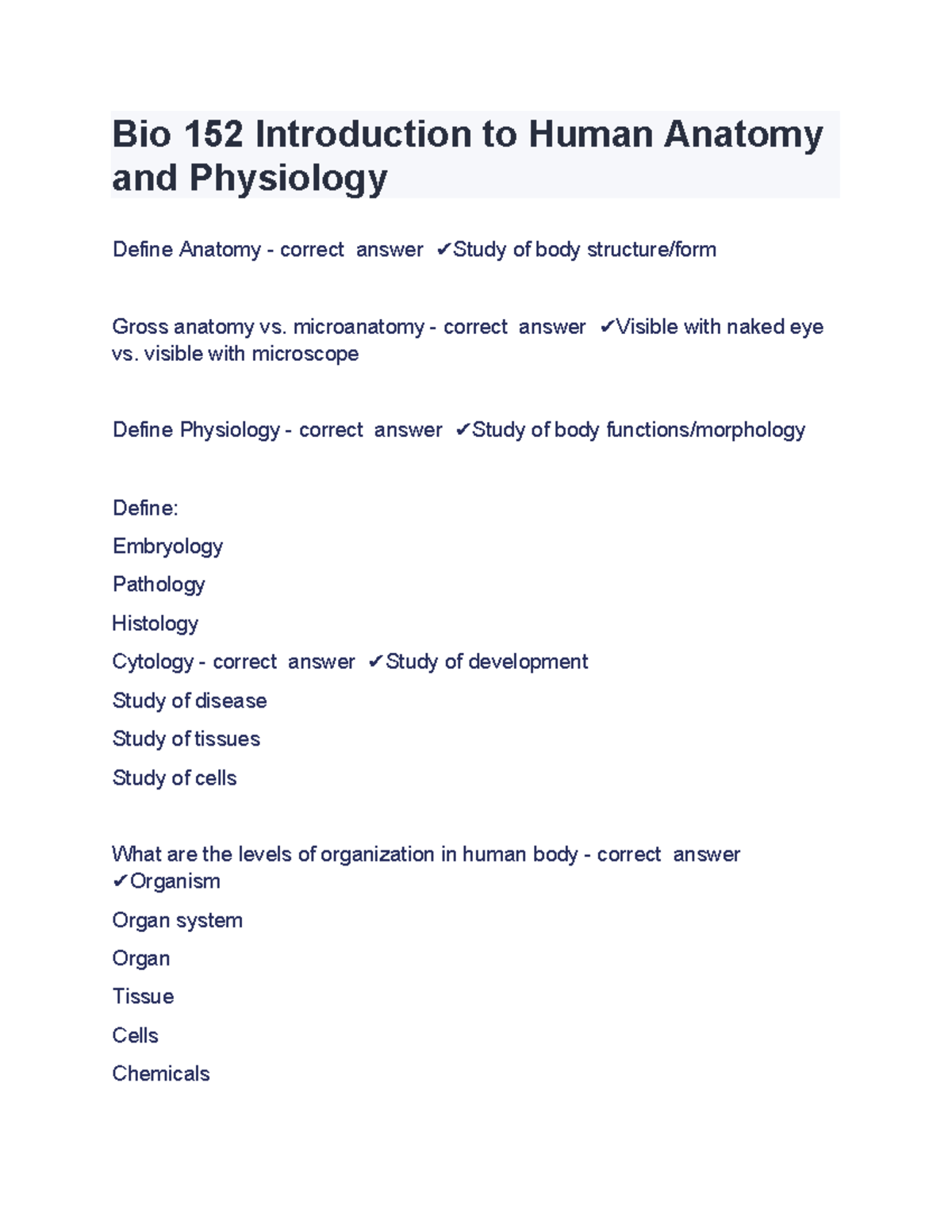 Bio 152 Final Exam Study Guide: Anatomy & Physiology Concepts - Studocu