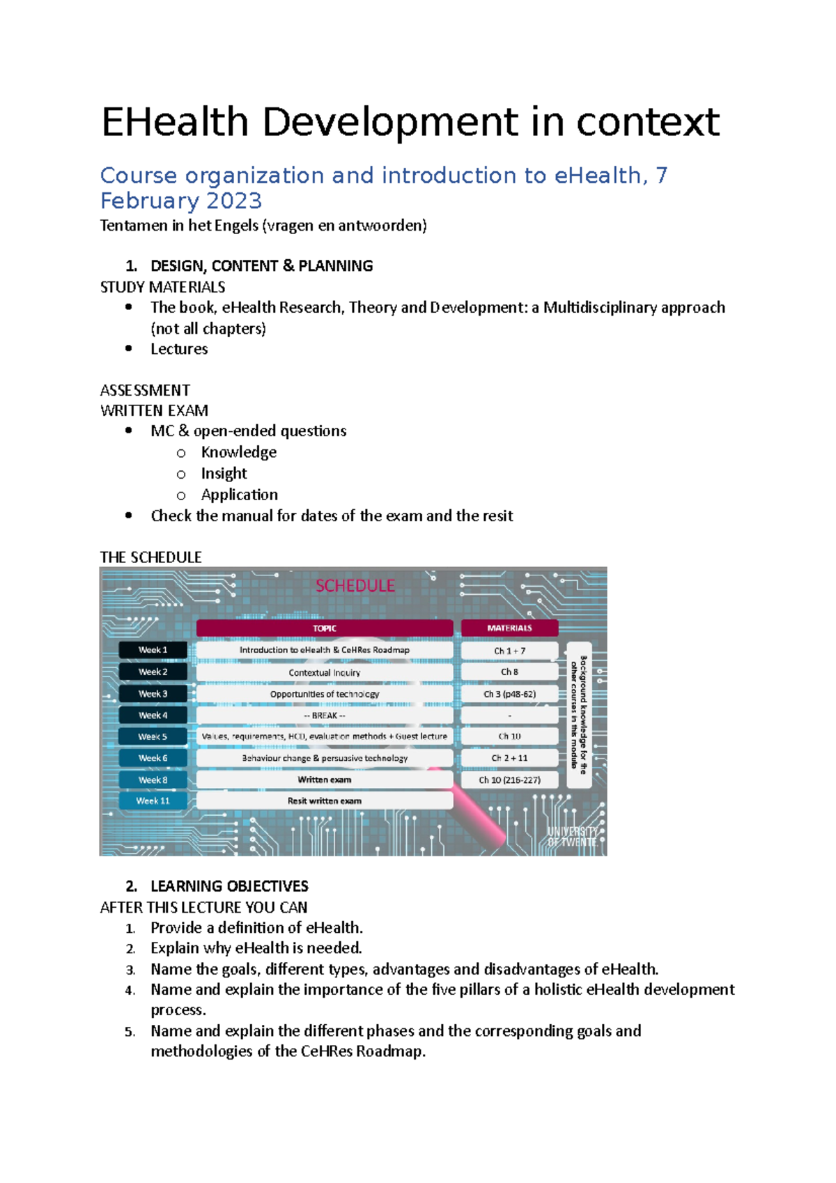 EHealth Development Overview: Course Organization & Learning Objectives ...