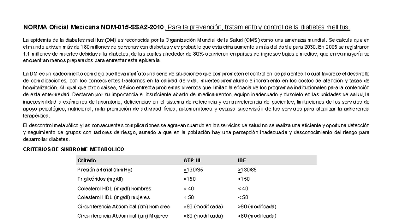 NOM 015 SSA2 2010 - Prevención y Control de Diabetes Mellitus - Studocu