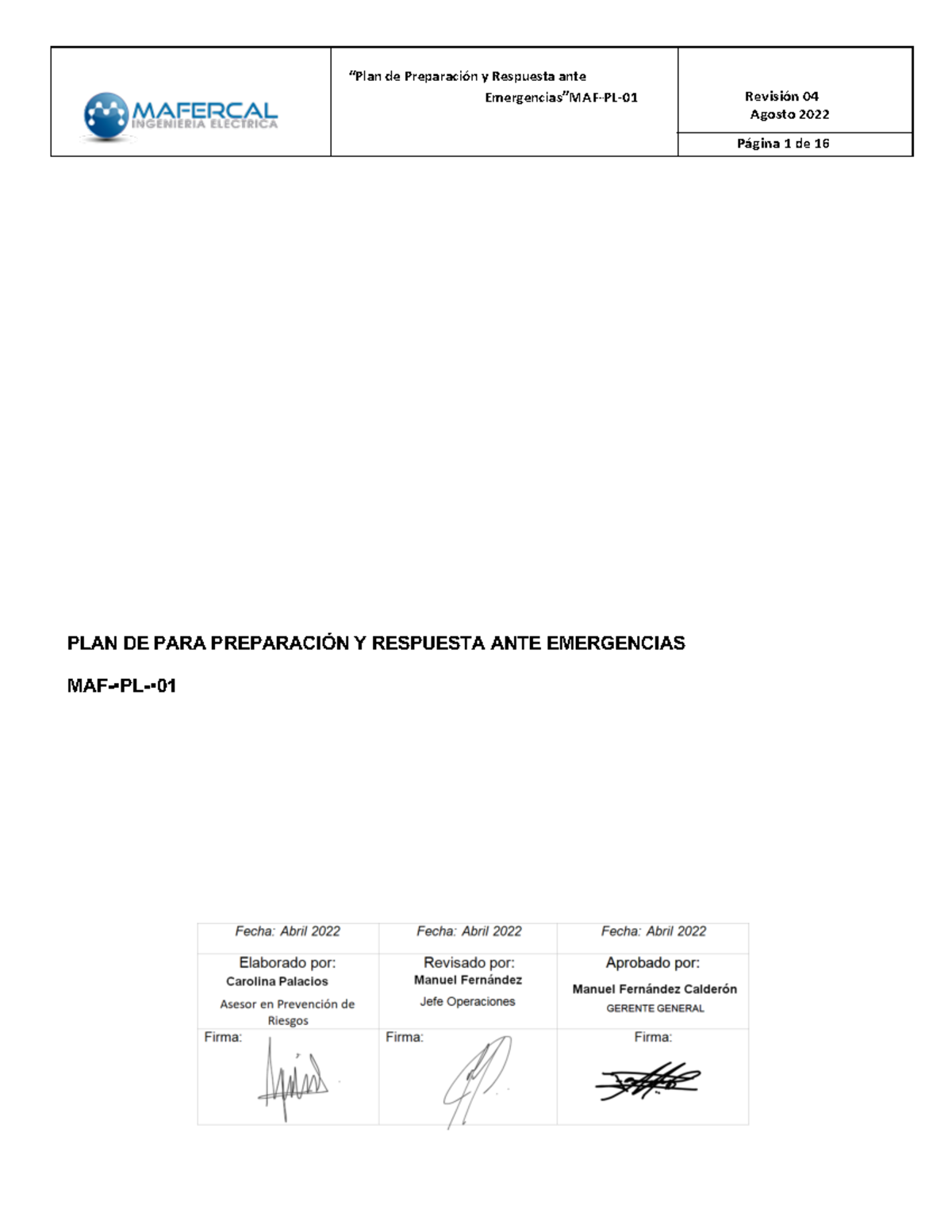 Plan de Preparación y Respuesta ante Emergencias MAF-PL-01 Rev.04 - Studocu