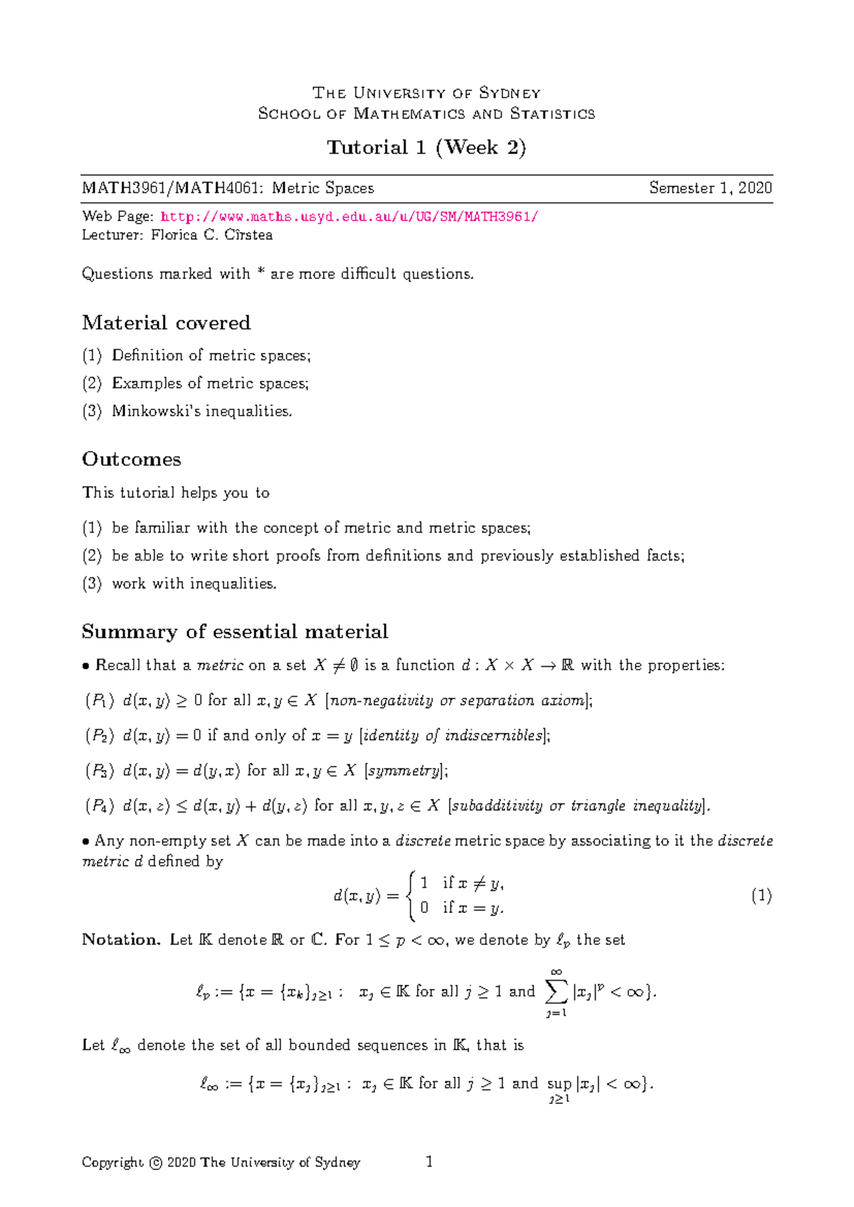 MATH3961/MATH4061 Tut01 - Metric Spaces Tutorial Questions and ...