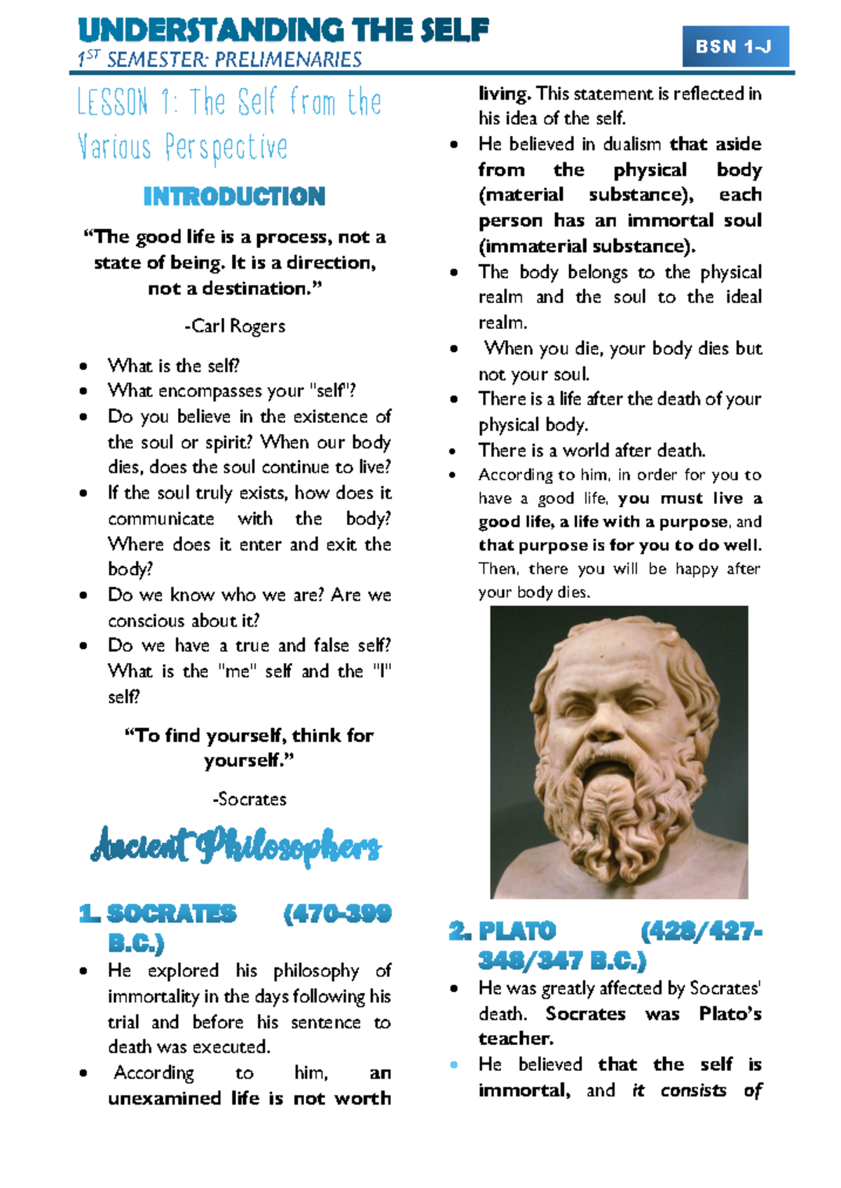 UNDERSTANDING THE SELF BSN 1ST SEMESTER: PRELIMINARY LESSONS - Studocu