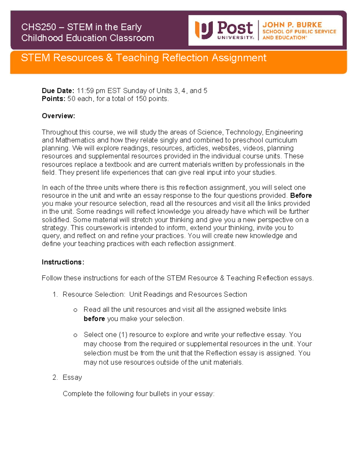 CHS250 STEM Resources Teaching Reflection Assignment Guide - Studocu