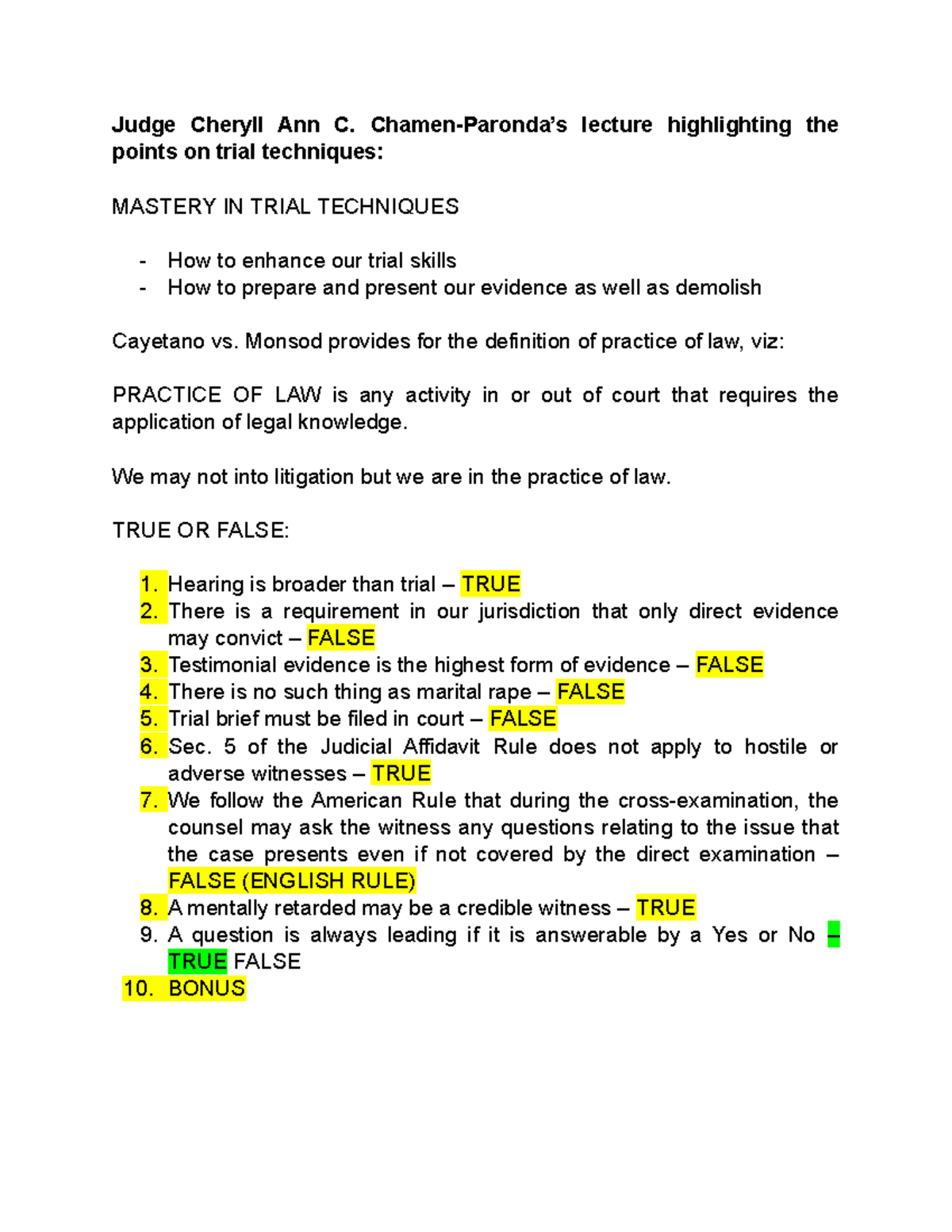 Lecture Notes on Trial Techniques (Course Code: LAW 101) - Studocu