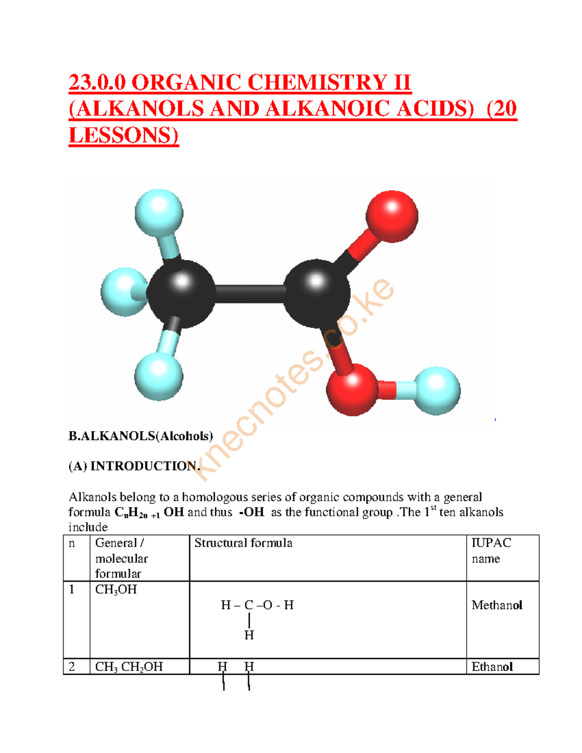 Organic Chemistry II (20 Lessons) - Alkanols and Alkanoic Acids Notes ...