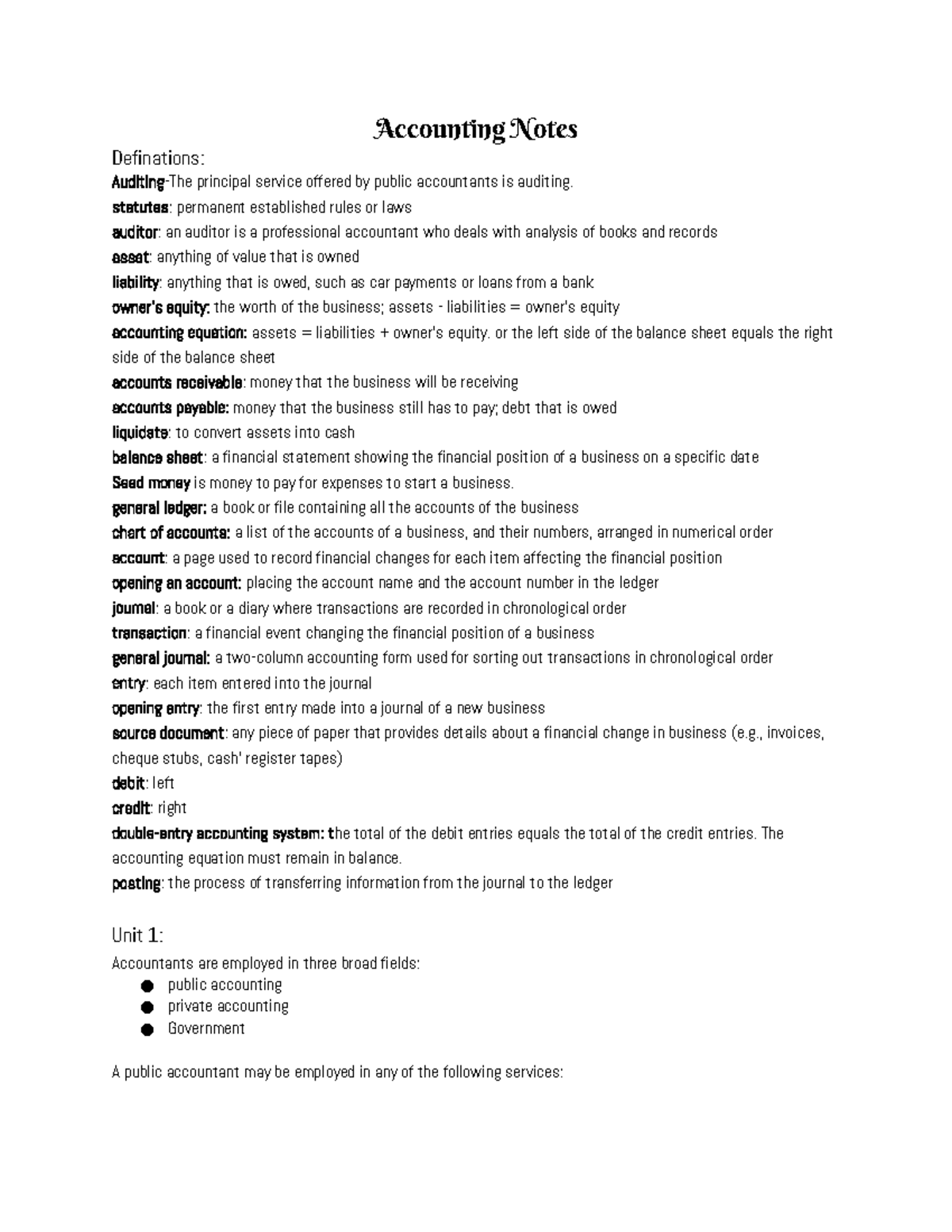 Accounting Notes: Key Definitions and Principles for ACCT 101 - Studocu