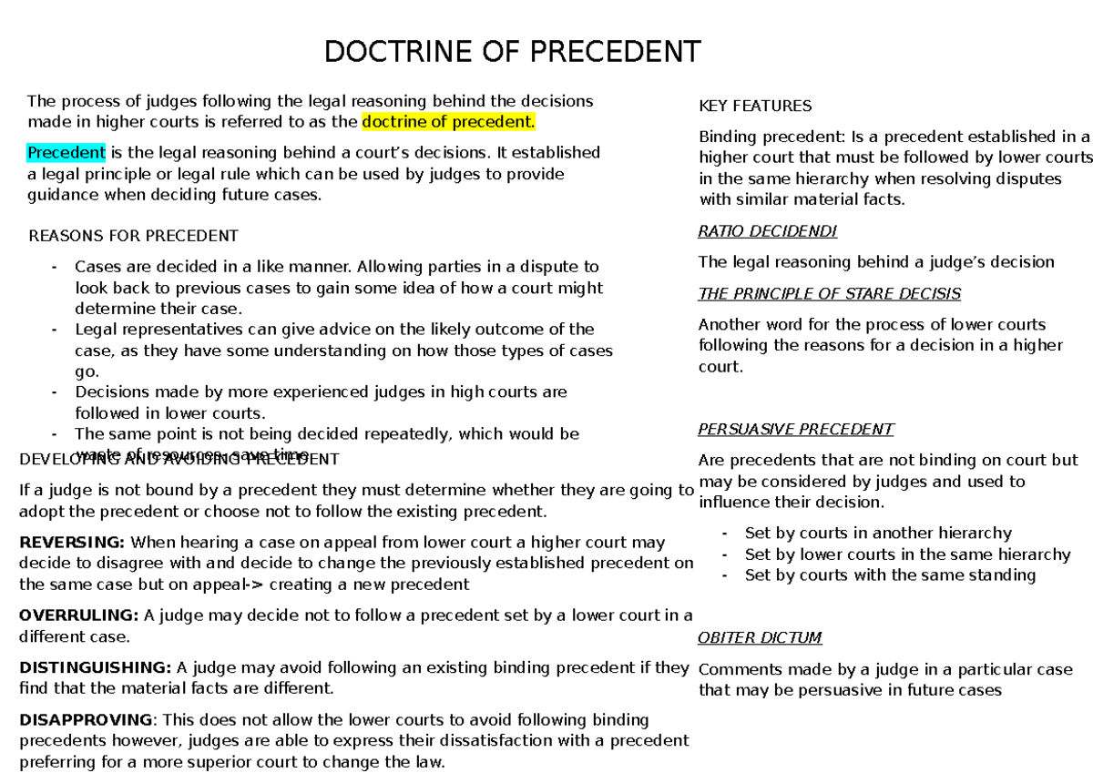 Doctrine of Precedent: Key Features and Legal Principles - Studocu