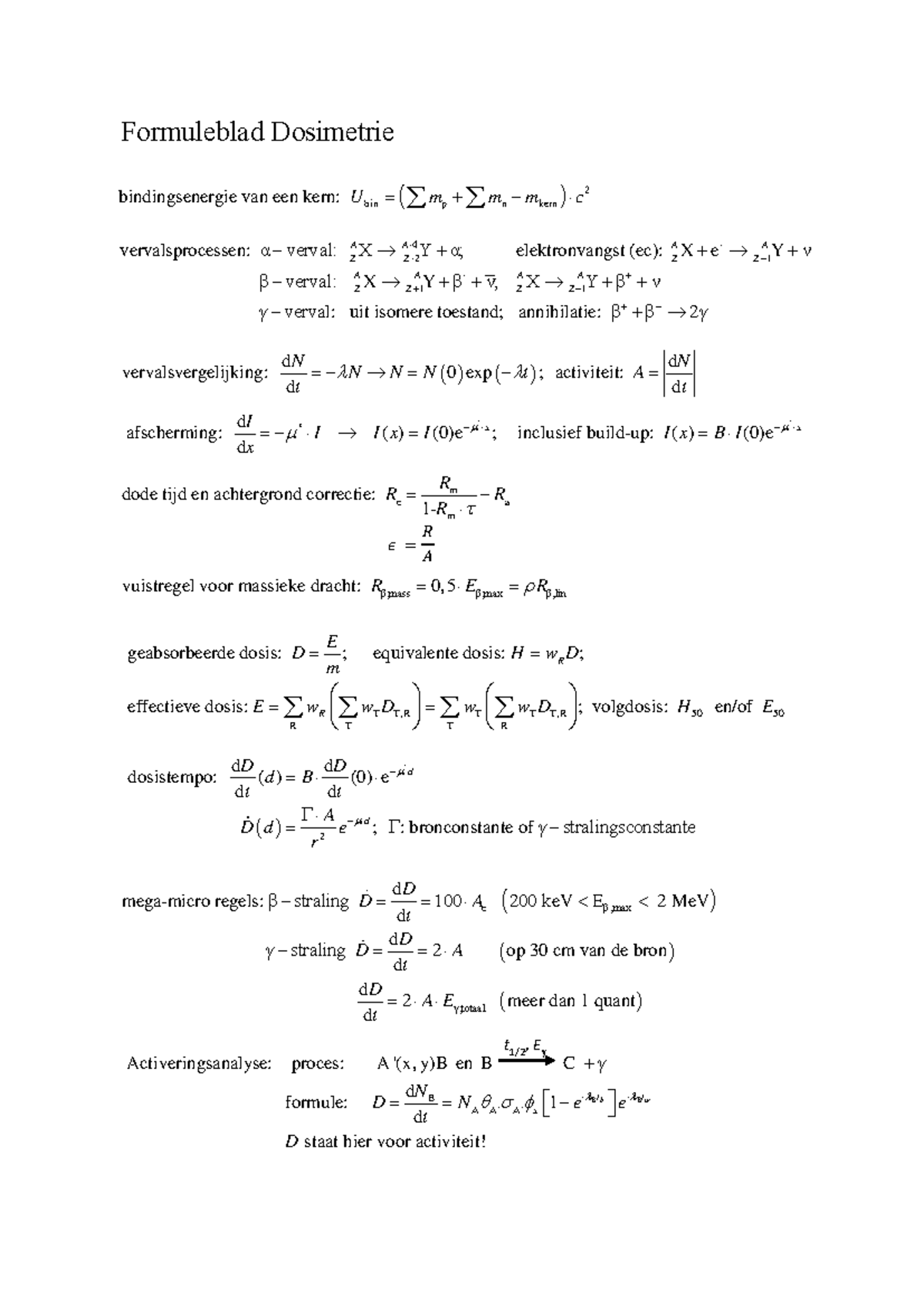 Formuleblad voor Dosimetrie: Essentiële Formules en Concepten - Studeersnel