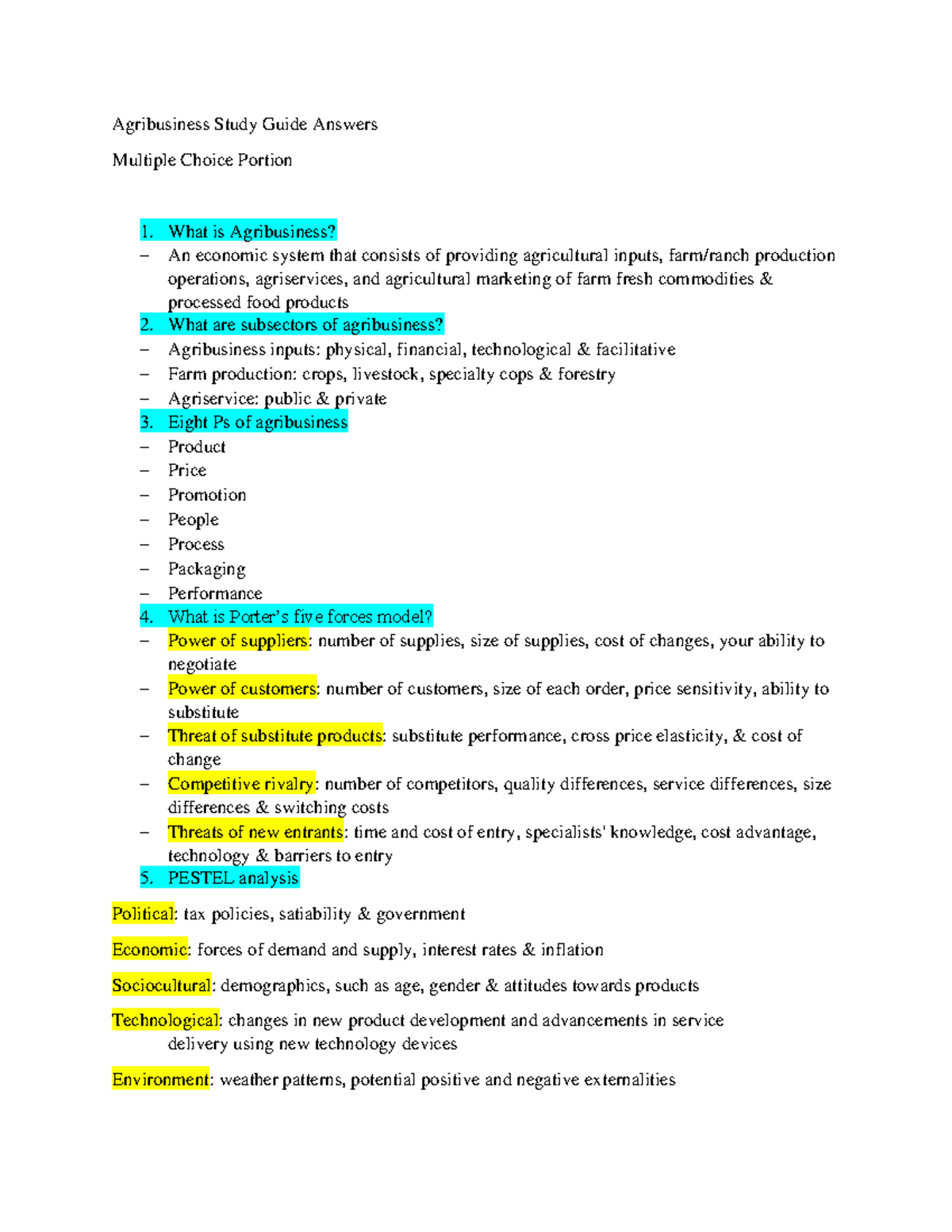 Agribusiness Study Guide Answers for AGB 101: Comprehensive Overview ...