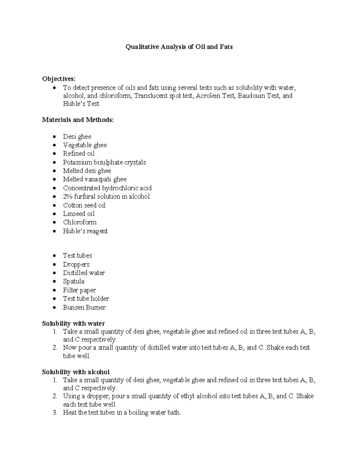 Qualitative & Iodine Value Analysis of Oils & Fats (Course Code: OLF101 ...
