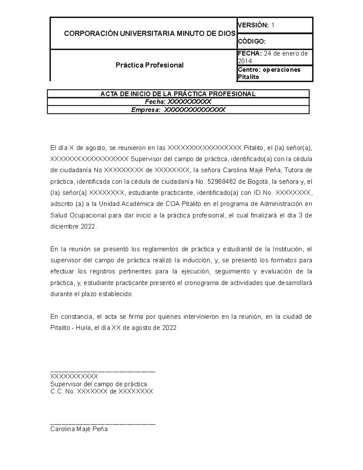 ACTA DE Inicio DE LA Práctica Profesional Uniminuto - CORPORACIÓN ...