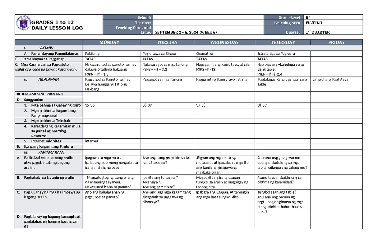 DLL Filipino 3 Q1 W5 - Daily Lesson Log and Activities - Studocu