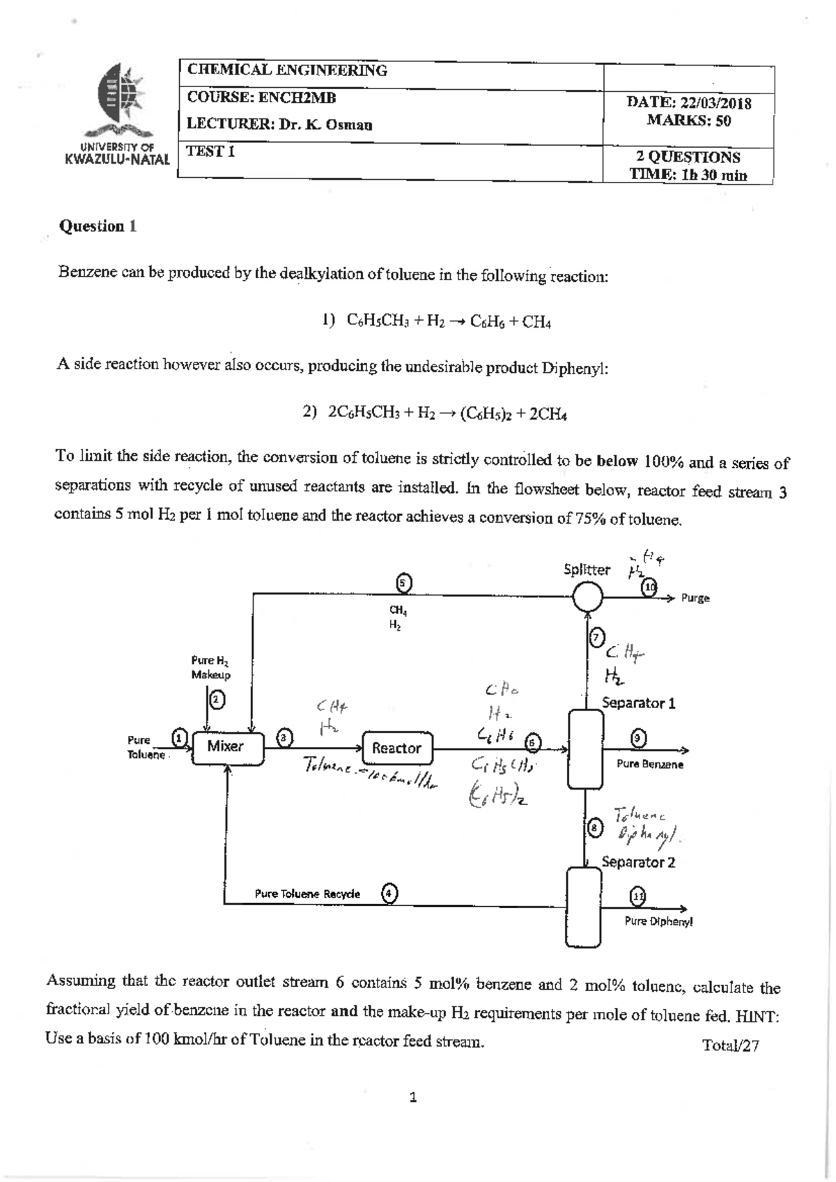 Test 1 2018, questions and answers - 4 CHEMICAL ENGINEERING ...