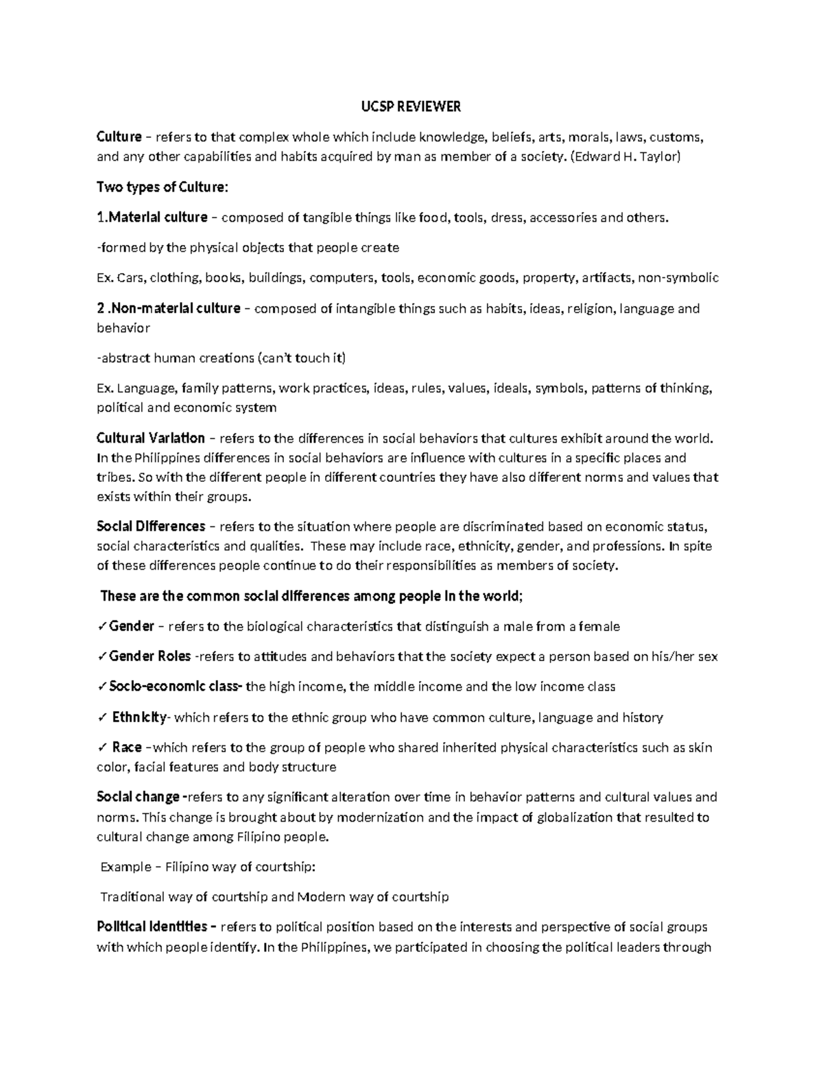UCSP 101: Comprehensive Culture and Society Reviewer Notes - Studocu
