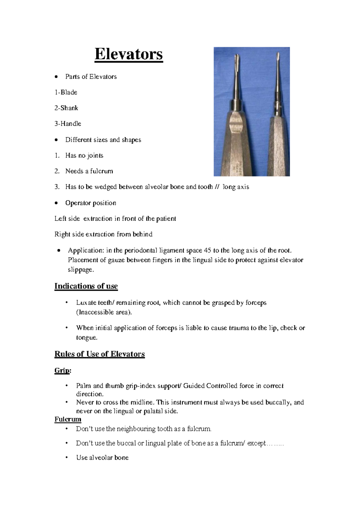 Elevators: Parts, Types, and Principles of Use in Dentistry - Studocu