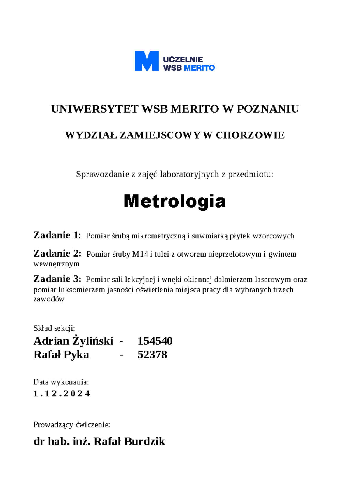 Laboratory Report: Measuring with Caliper and Micrometer (Metrologia ...