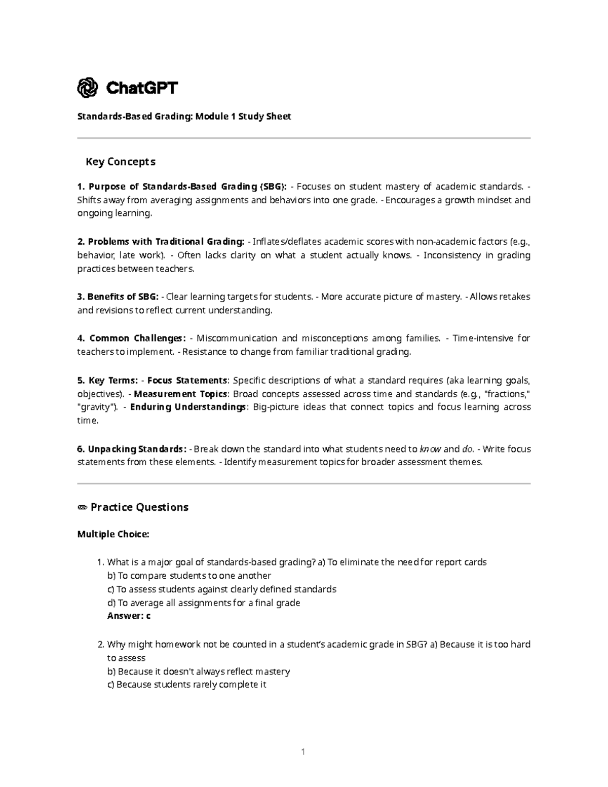 SBG Module 1 Study Sheet: Key Concepts & Grading Insights - Studocu