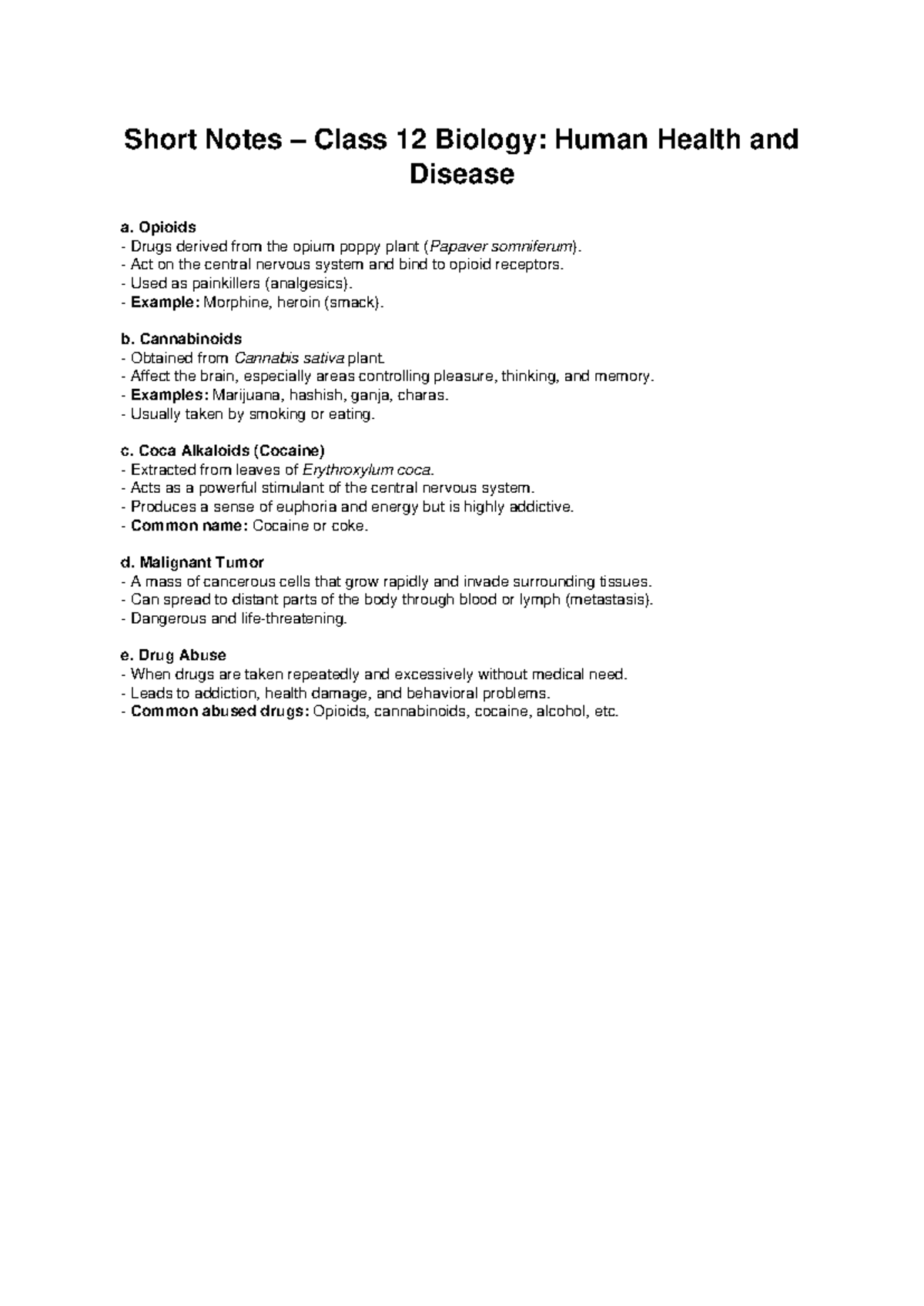 Short Notes Class 12 Biology: Human Health & Disease Overview - Studocu