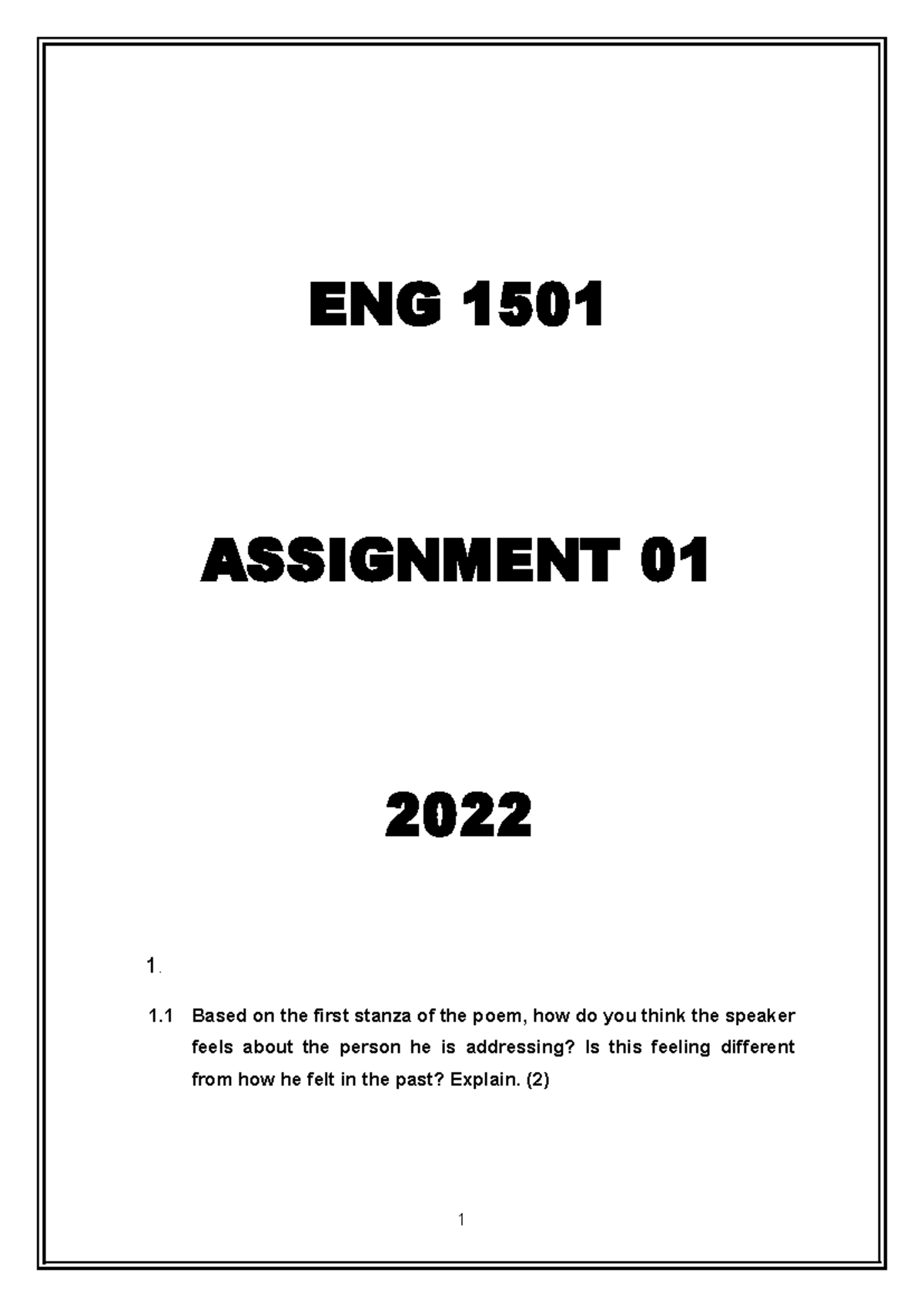 ENG 1501 Assignment 1 Analysis and Insights on Love Themes - Studocu