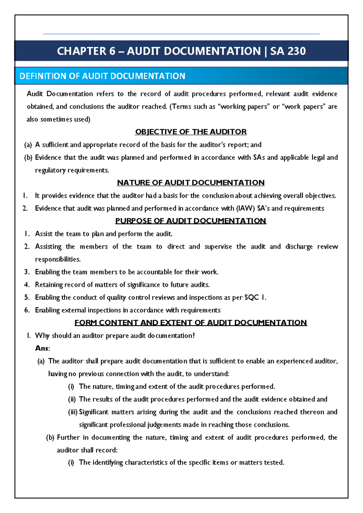 CHAPTER 6: AUDIT DOCUMENTATION SA 230 - DEFINITION & PURPOSE - Studocu