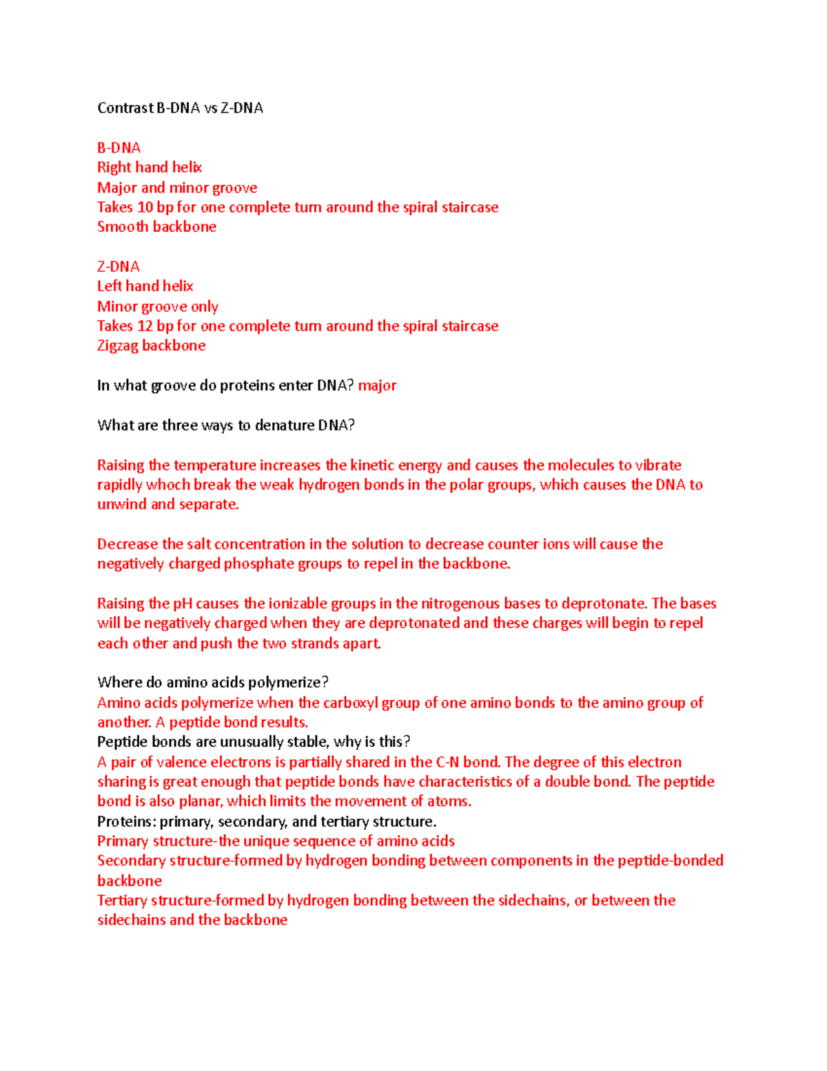 BIO 101 - Prep Exam 1 - Lecture Notes on DNA and Protein Structures ...