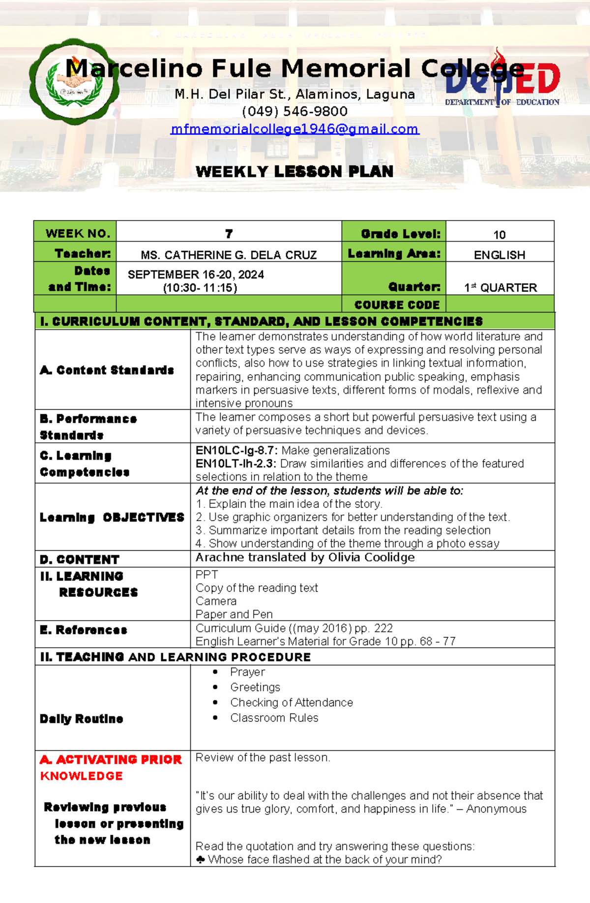 WEEK 7 Lesson Plan for ENGLISH 10: Arachne and Personal Challenges ...