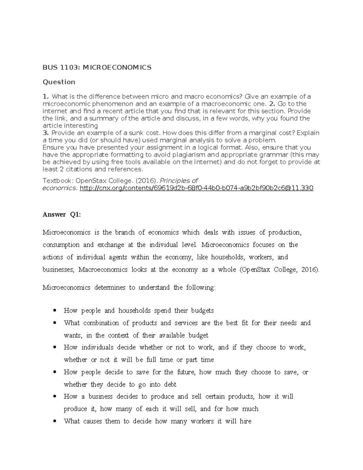 BUS 1103: Microeconomics Assignment on Economic Concepts and Analysis ...