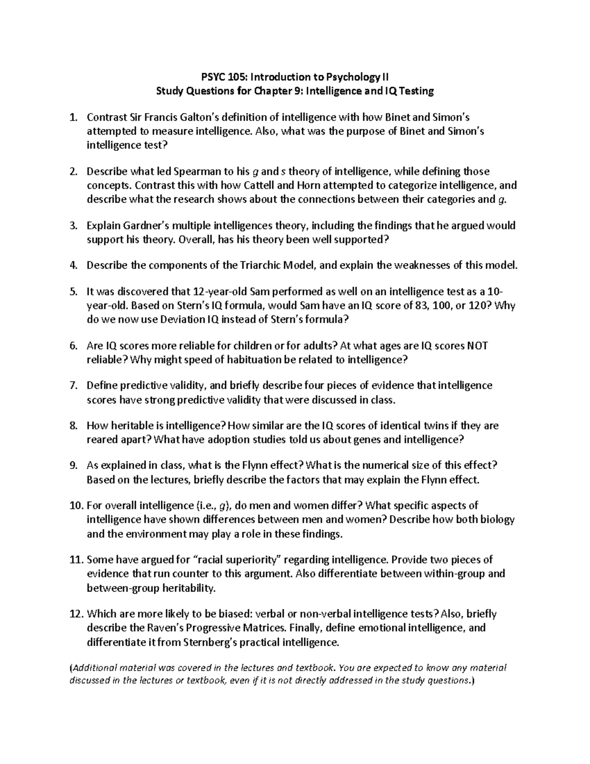 PSYC 105: Chapter 9 Study Guide on Intelligence and IQ Testing - Studocu