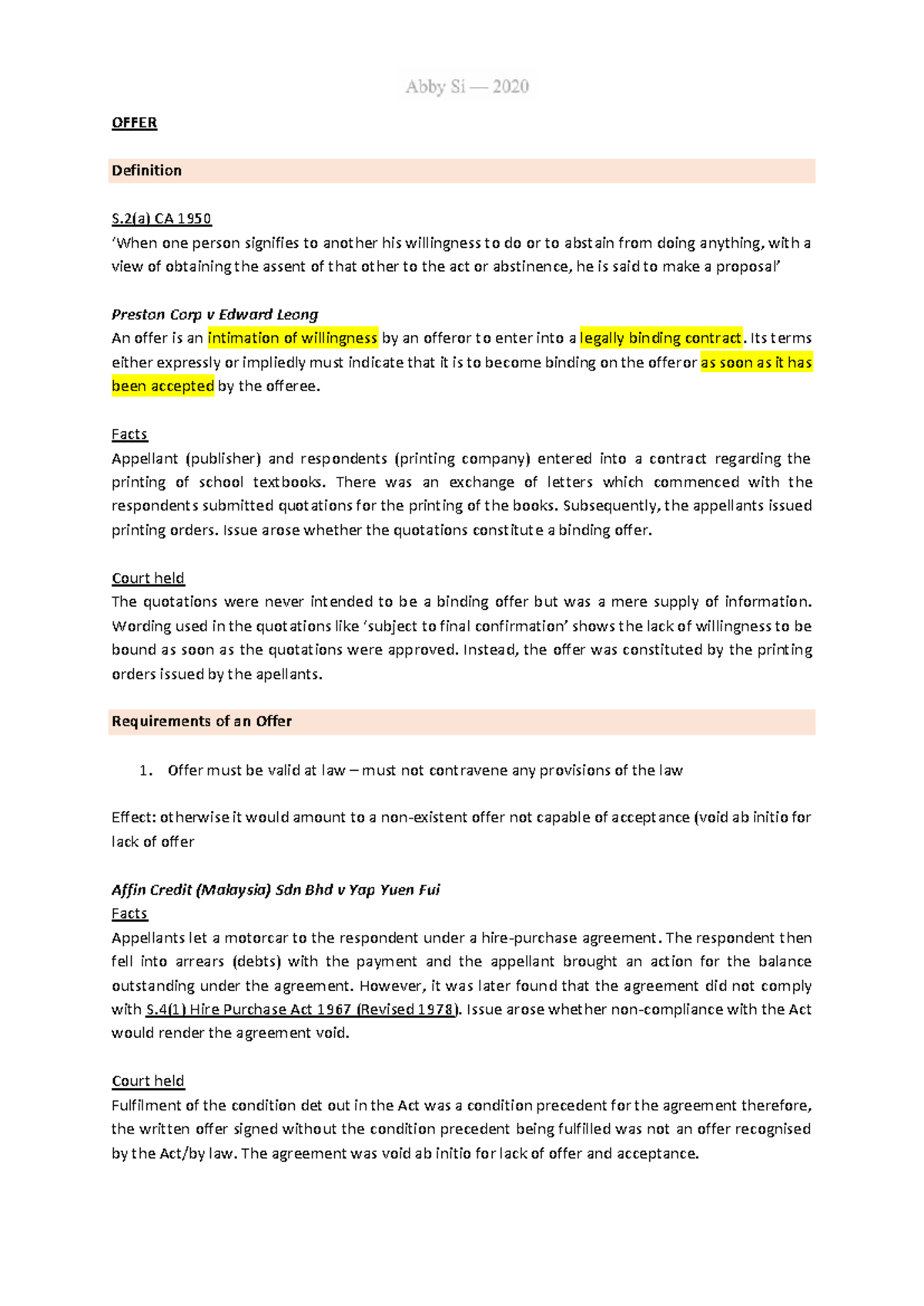 Contract 1 - Lecture Notes on Offer and Acceptance Principles - Studocu