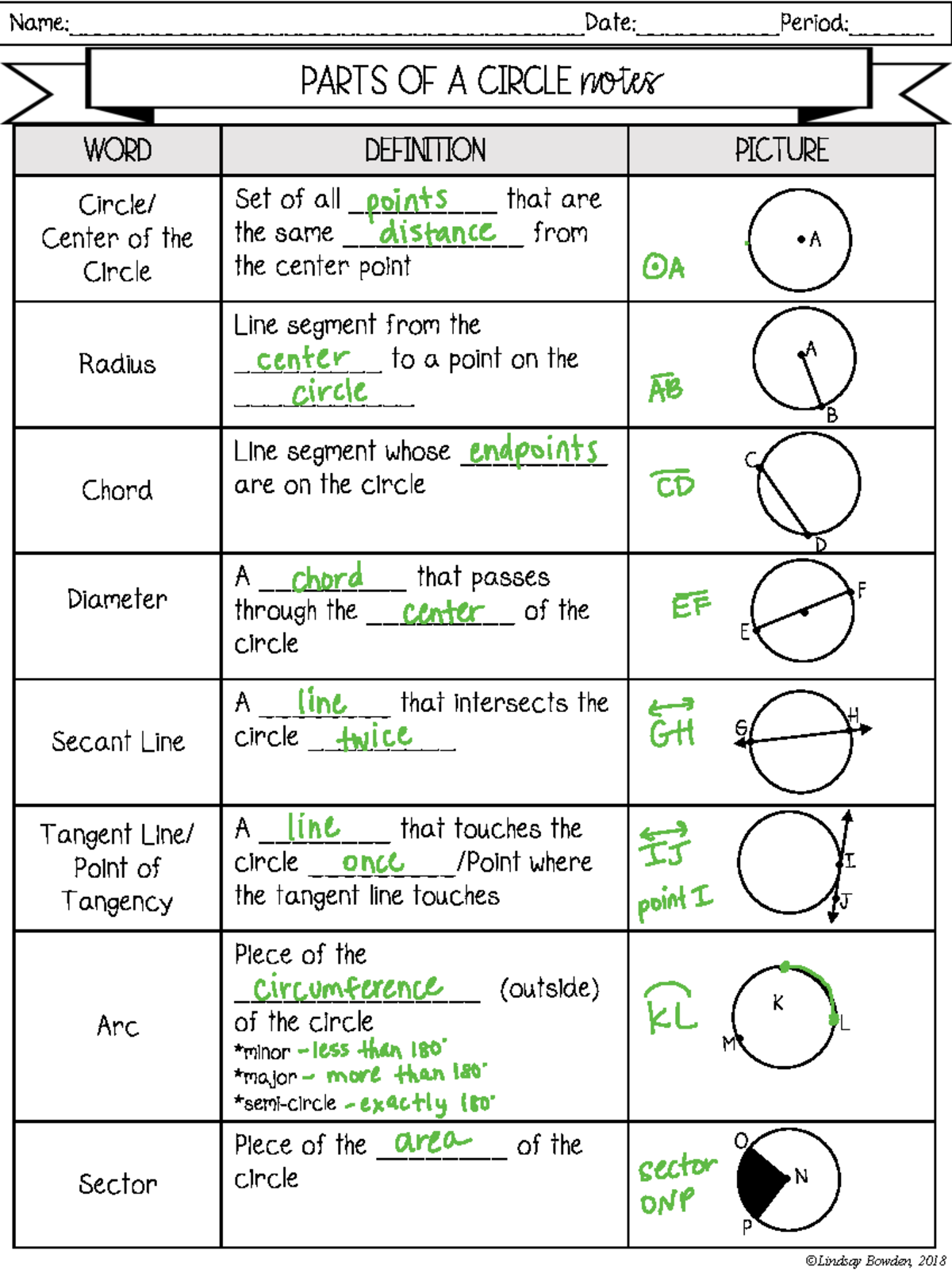 MATH 2026: Parts of a Circle & Angle Properties Notes and Practice ...