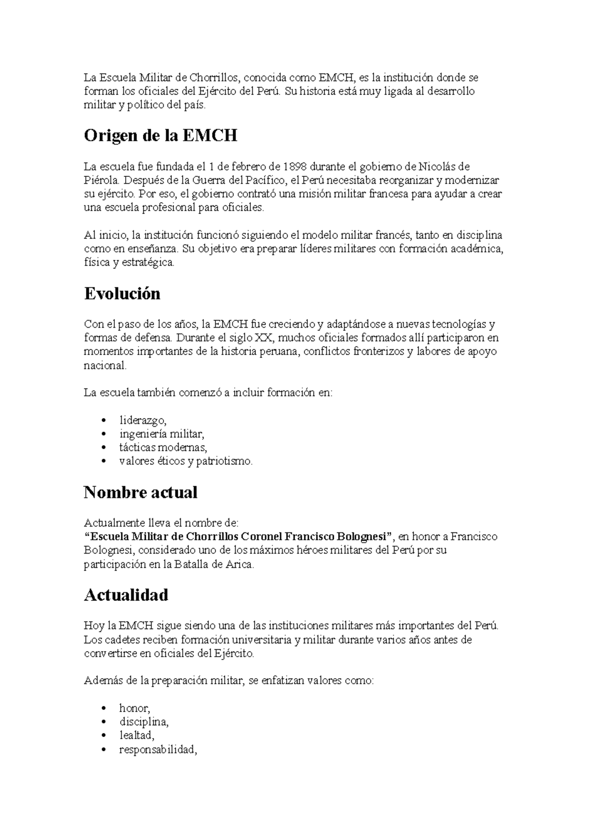 EMCH: Historia y Evolución de la Escuela Militar de Chorrillos - Studocu