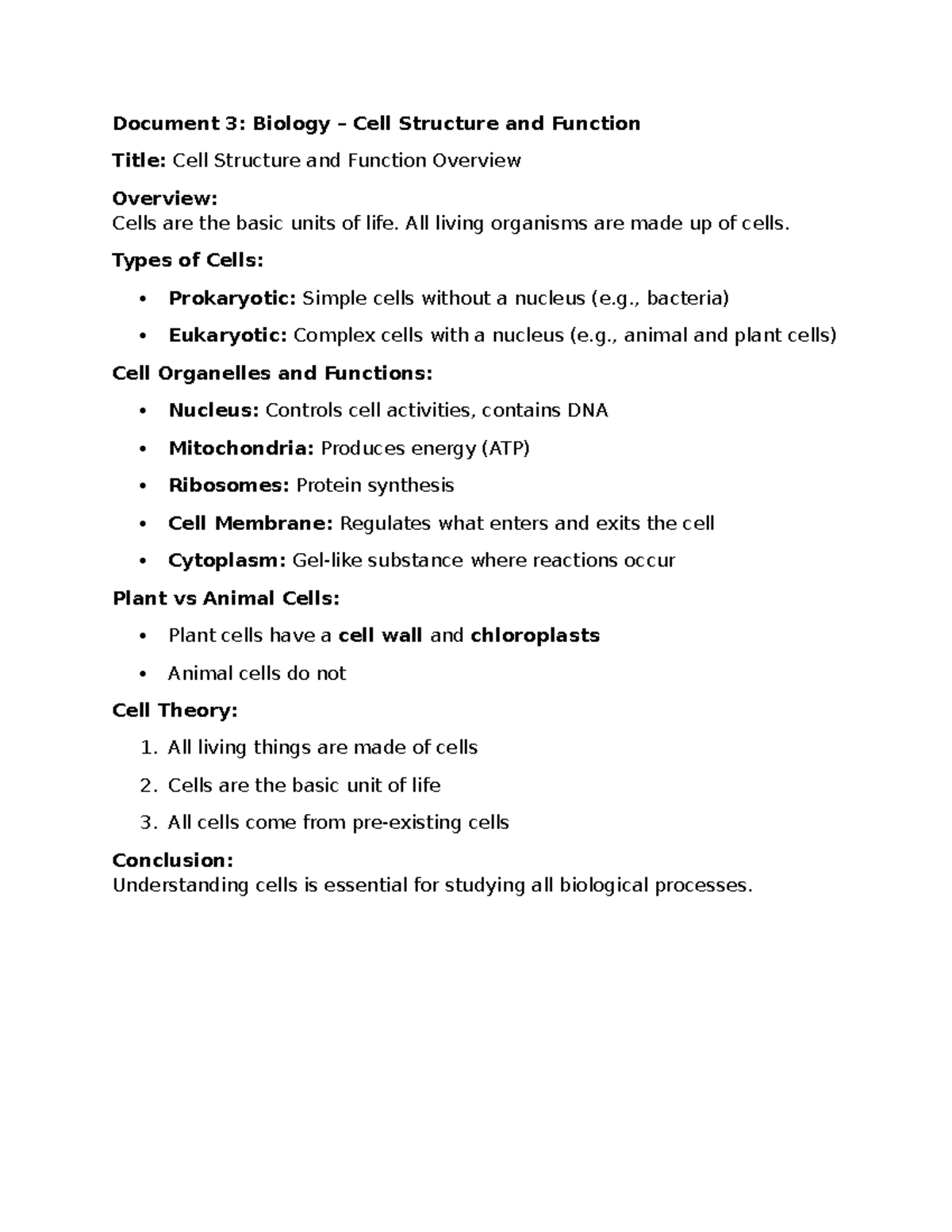 Biology 101: Overview of Cell Structure and Function - Studocu