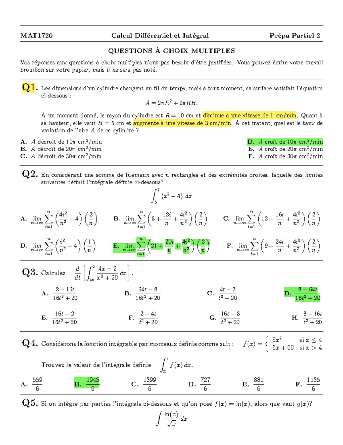 MAT1720 Final Exam Practice Test 2 - Multiple Choice Questions - Studocu