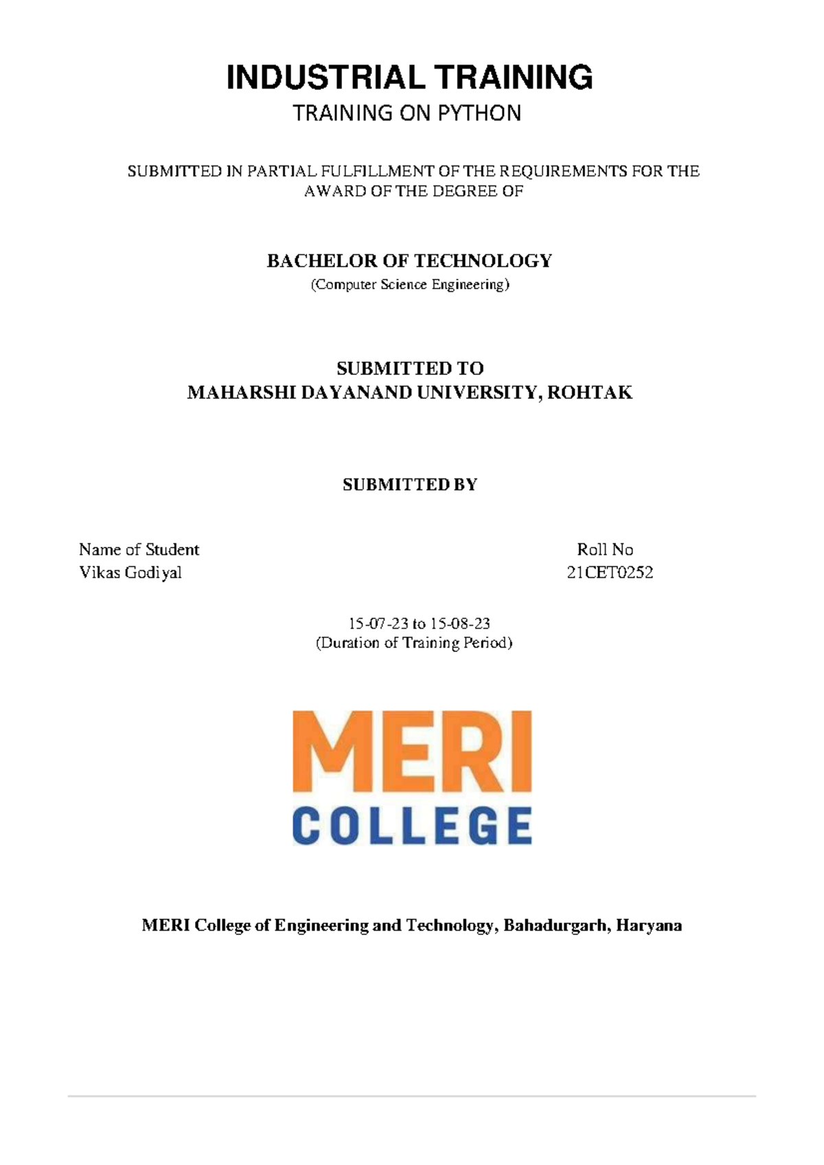 BTECH 21CET02 Industrial Training Report on Python Programming - Studocu