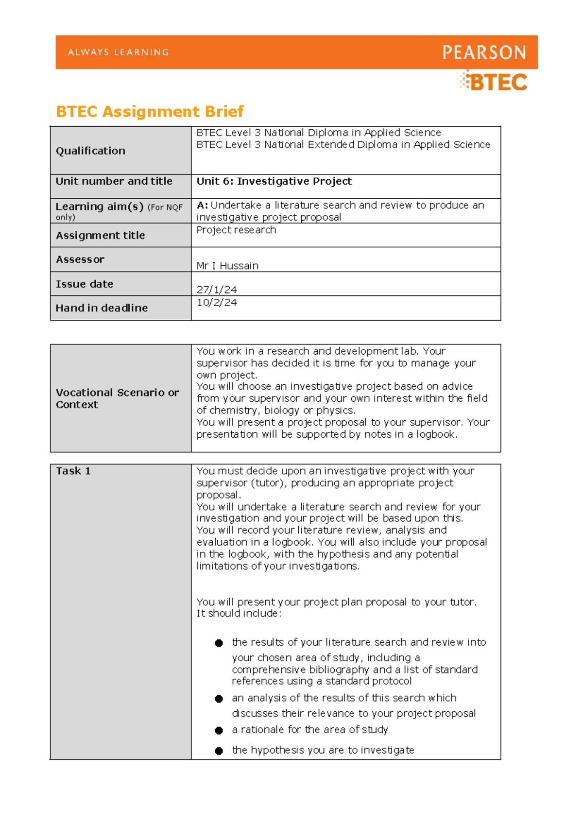 Unit 6 AAB LAA Investigative Project Assignment Brief IHU - BTEC ...