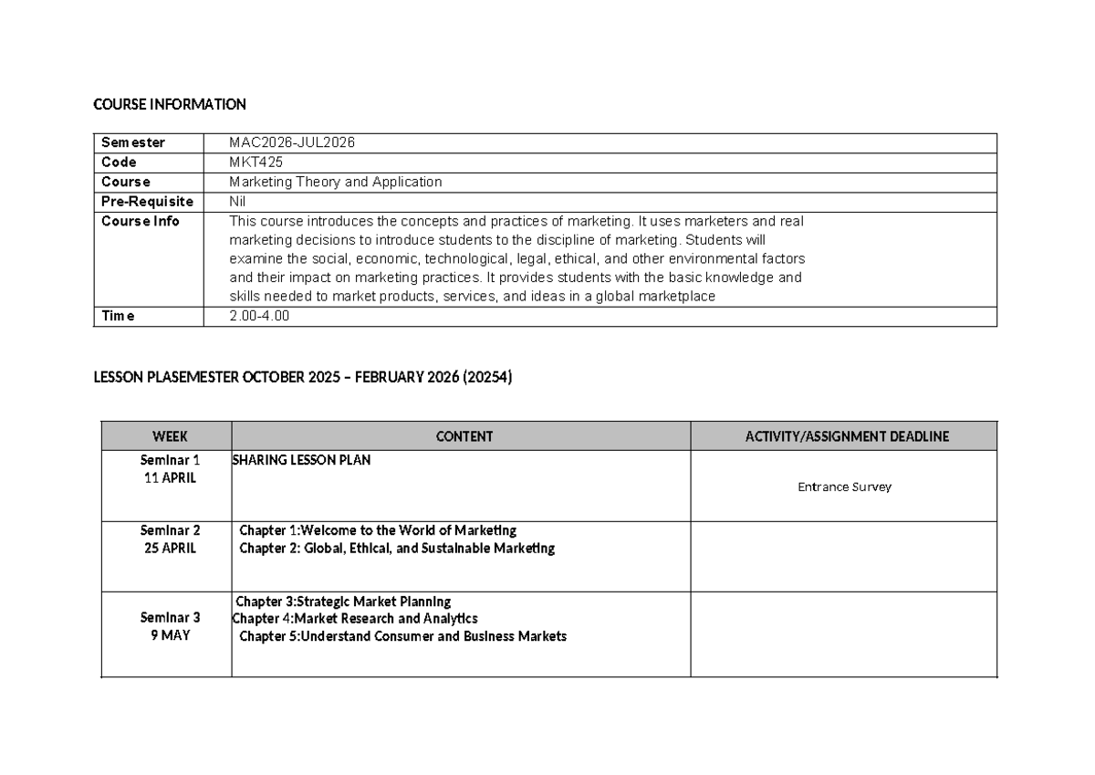 MKT425 Marketing Theory & Application Lesson Plan (20254) - Studocu