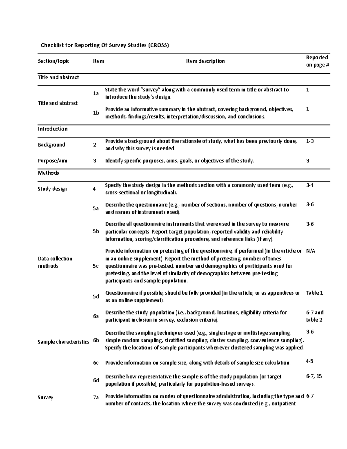 CROSS Checklist for Reporting Survey Studies: Essential Items - Studocu