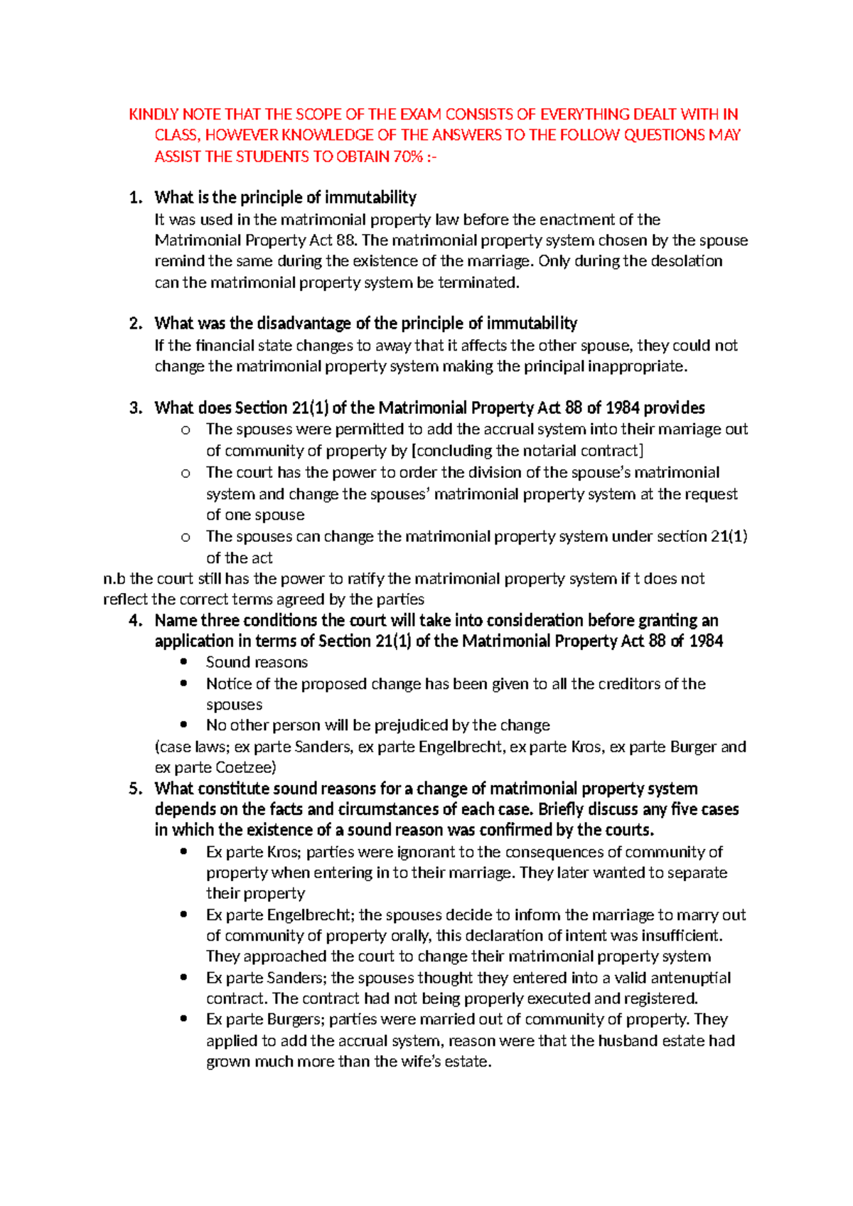 Family Law LLM Final Exam Scope Overview and Key Questions - Studocu