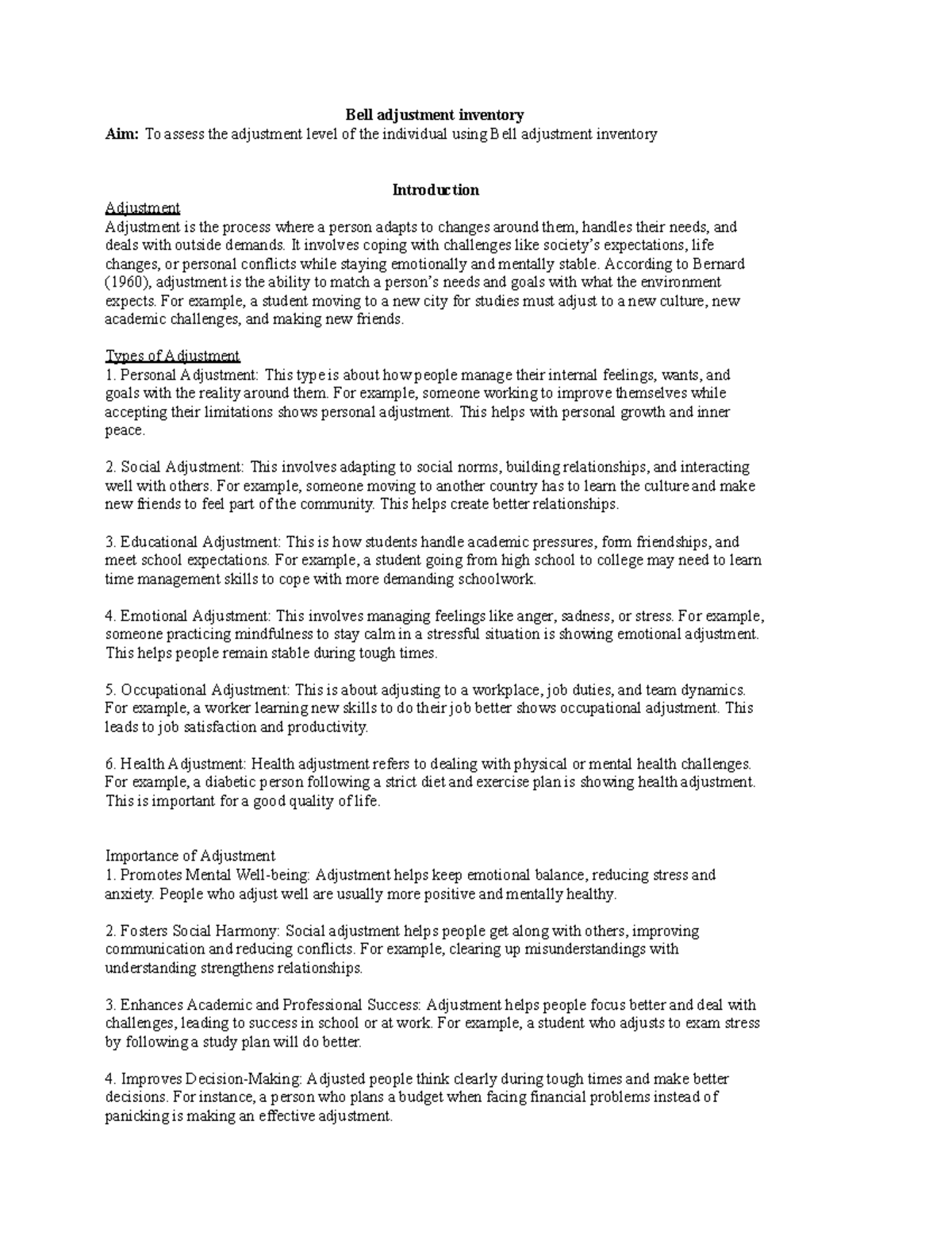 Final Exam on Bell Adjustment Inventory (BAI) and Adjustment Types ...